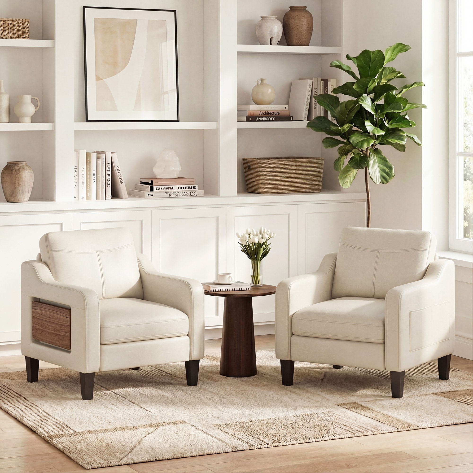 ViviHav - Set of 2 30-in W Beige Faux Leather Accent Chair with Foldable Side Table