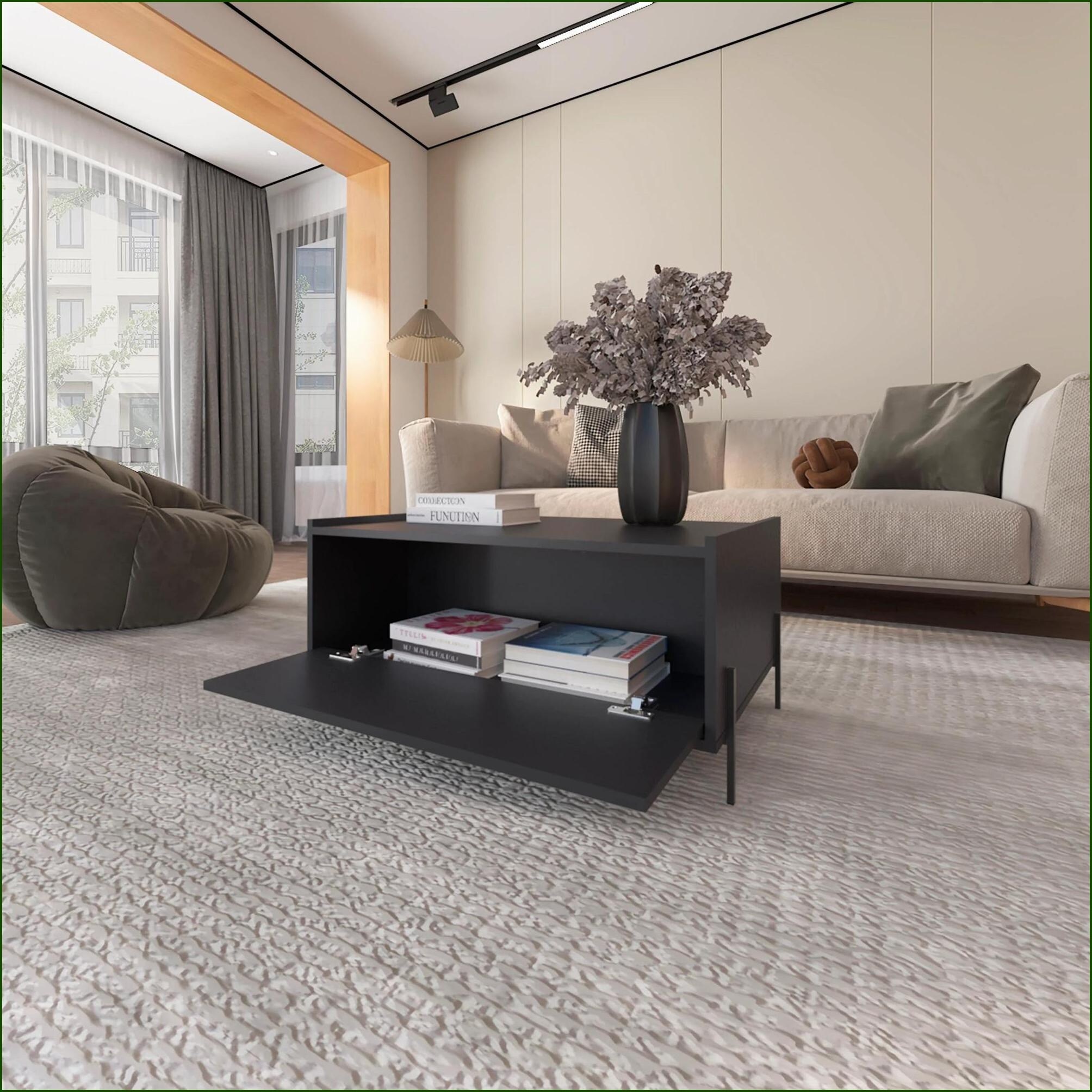 Watnature Black Space Saving Coffee Table with Flip Down Door Easy to ...