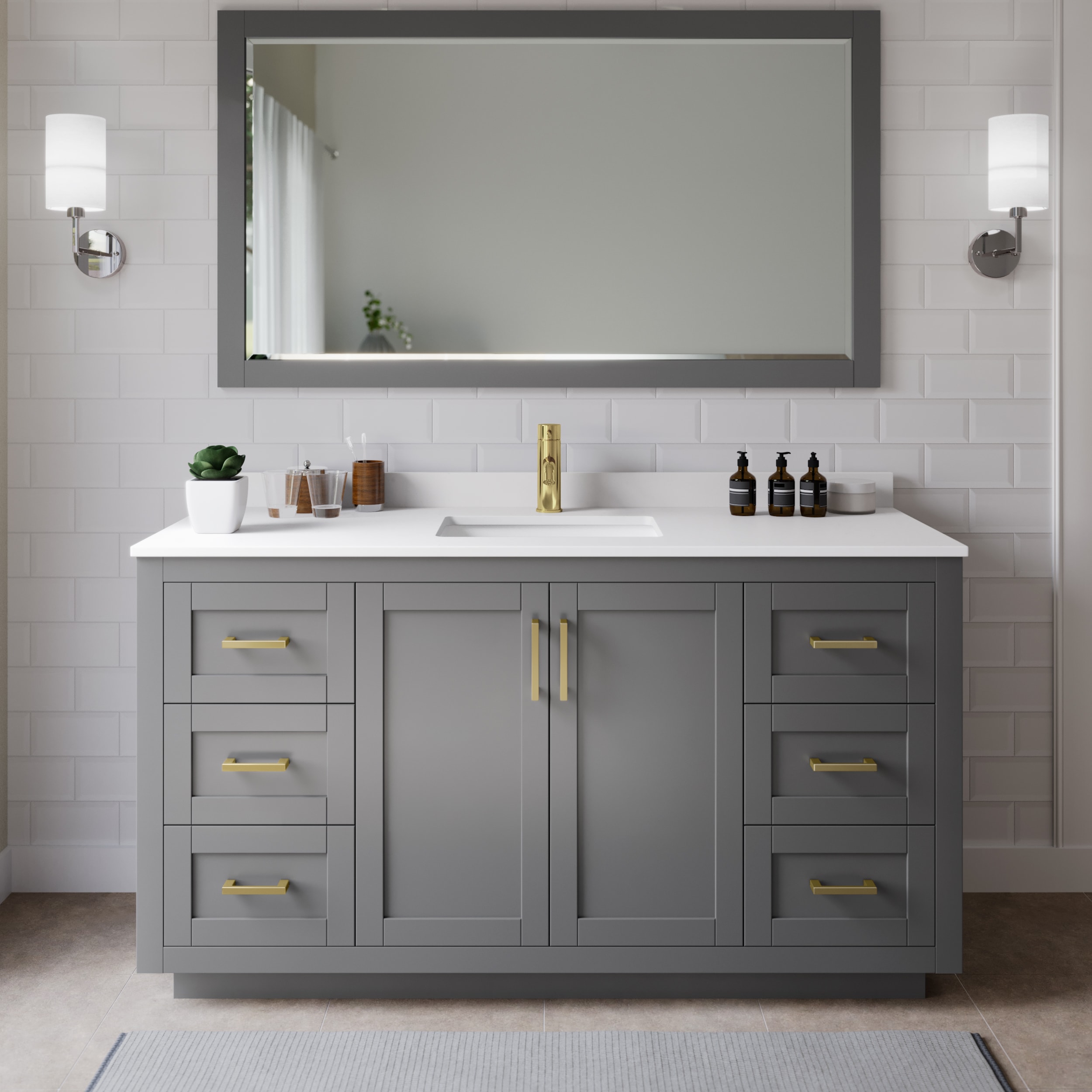 Wyndham Collection WCF292966SGGWCUNSMXX Miranda 66-in Dark Gray with Brushed Gold Trim Undermount Single sink Bathroom Vanity with White Cultured Marble Cultured marble Top
