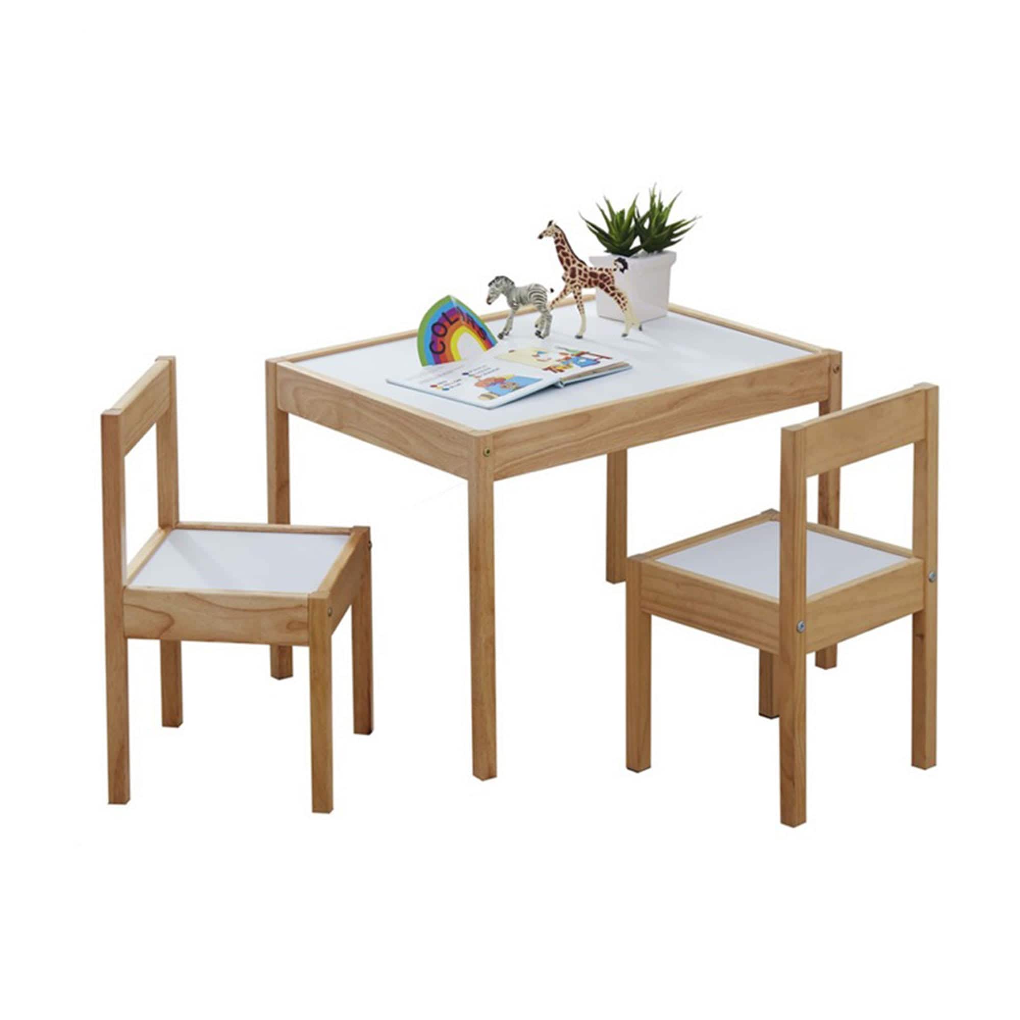 PJ Wood 393666 3 Piece Solid Rubberwood Table and Chairs Set with Natural Finish Rounded Edges and Corners and Wipeable Dry Erase Surface