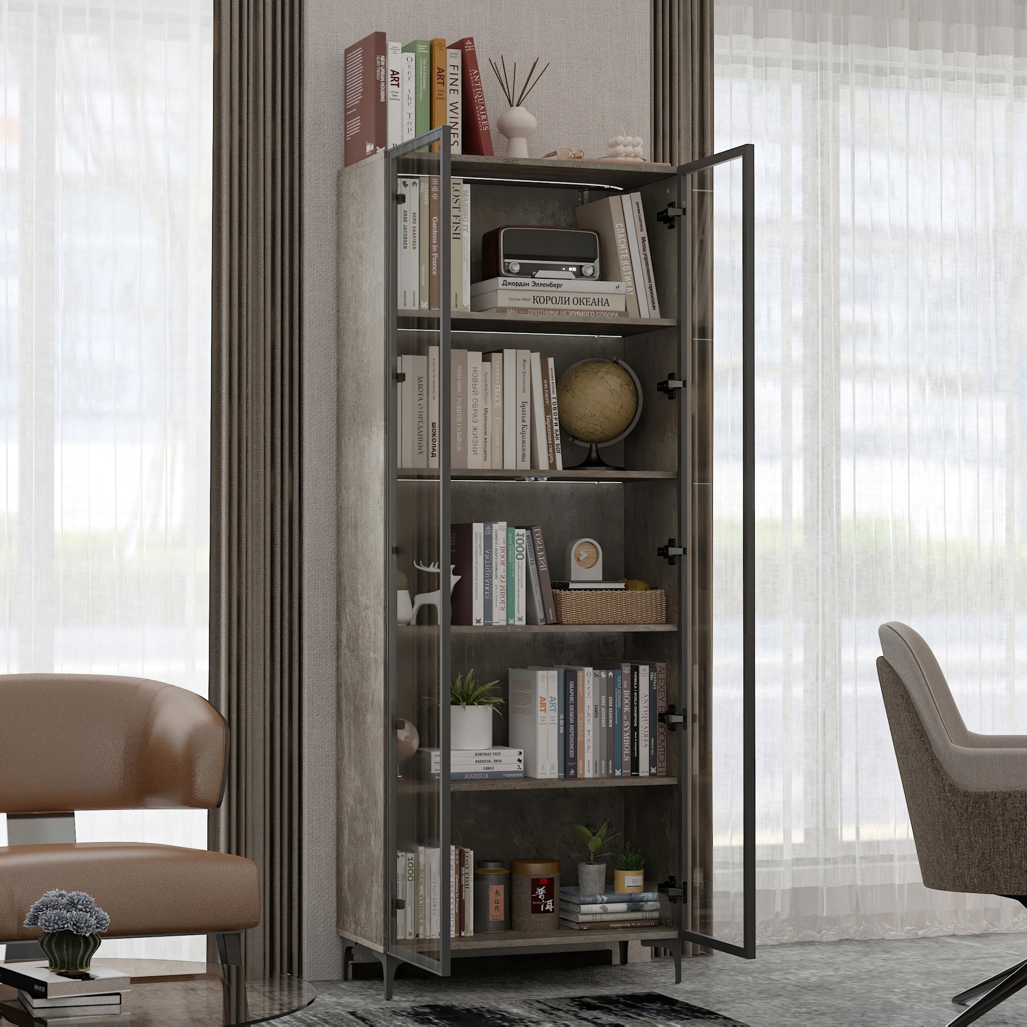 FUFU&GAGA KF020498-01 Gray MDF 5 -Shelf Bookcase with Doors ( 27.6-in W x 72.4-in H x 13.8-in D ) Finished