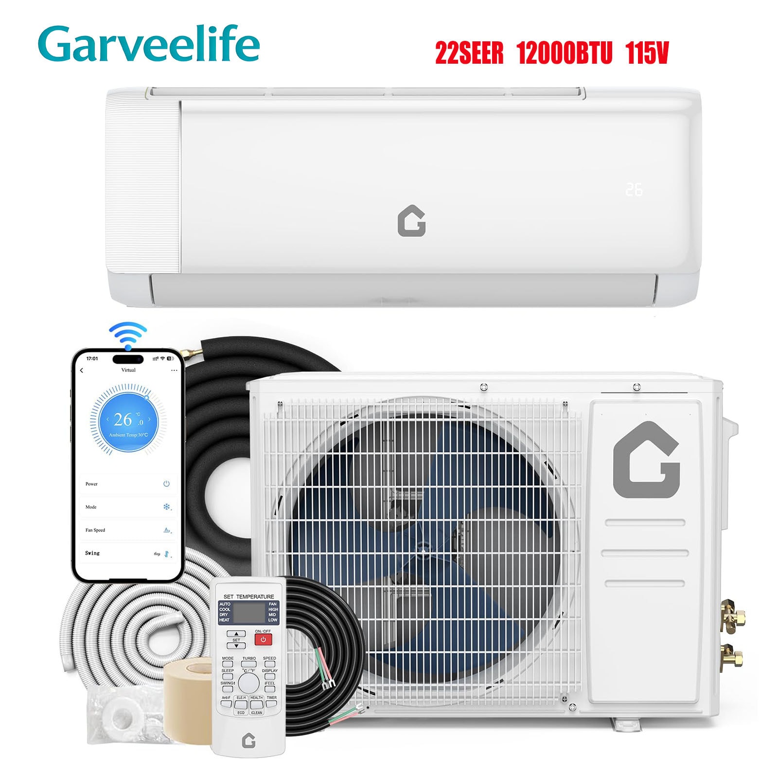 GarveeLife 12000 BTU Mini Split Air Conditioner and Heater 22 SEER2 750 Sq. Ft Coverage