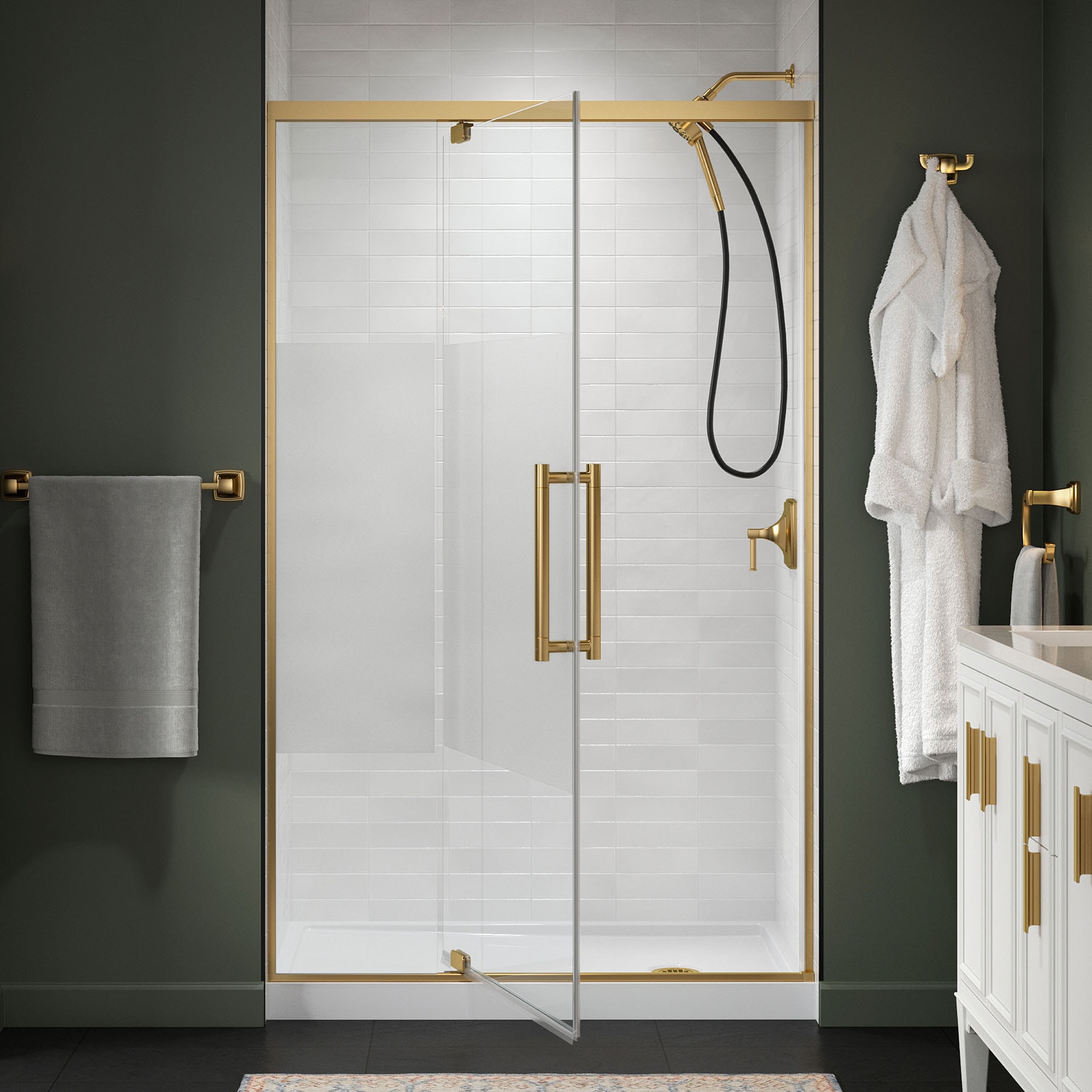 KOHLER 702478-8G81-2MB Premise Vibrant Brushed Moderne Brass 43-5/8-in to 47-5/8-in W x 76.06-in H Frameless Pivot Soft Close Shower Door 5/16-in Thick Clear Glass
