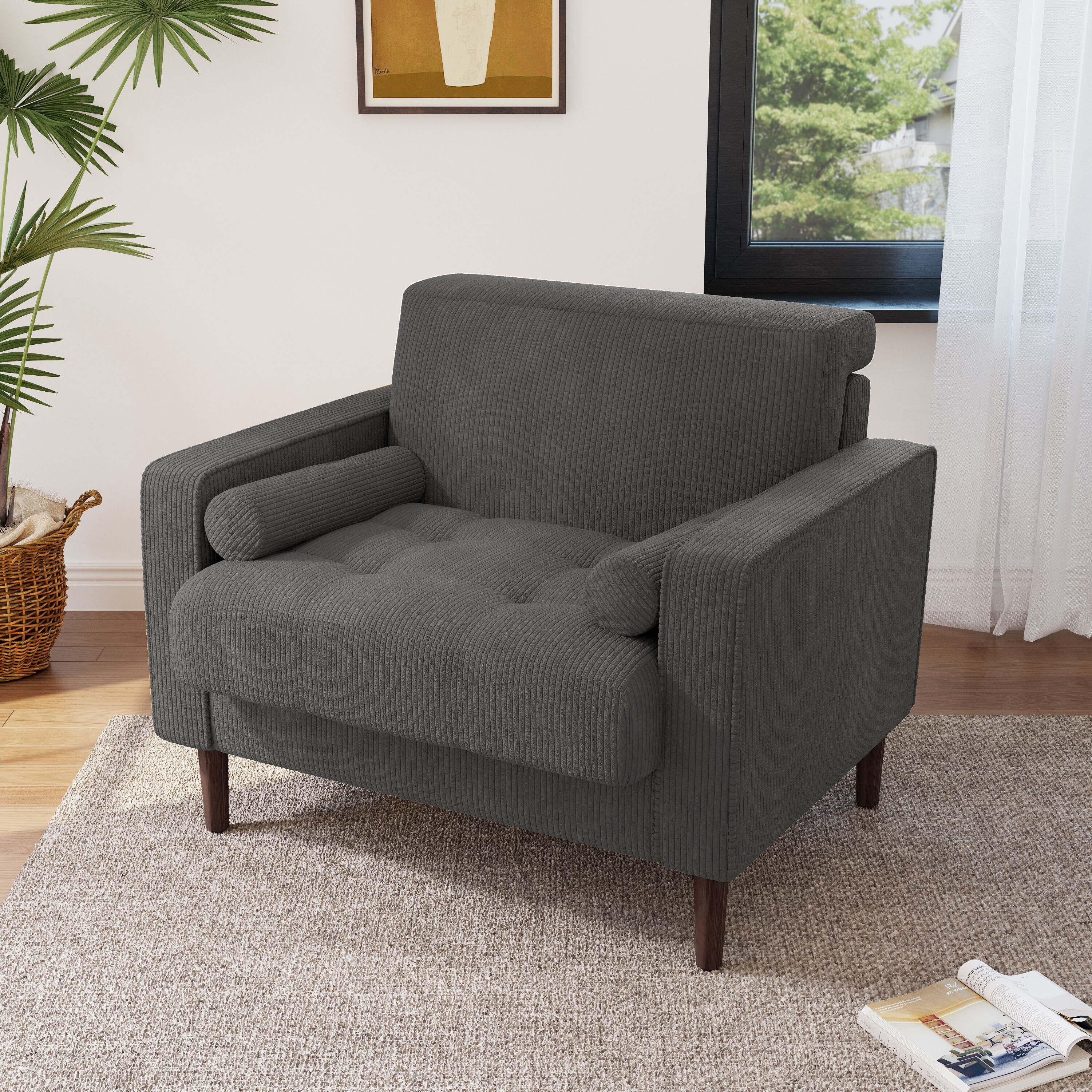 Dreamsidea 34.6 in Wide Square Arm Tufted Club Chair Upholstered Fabric for Living Room or Bedroom