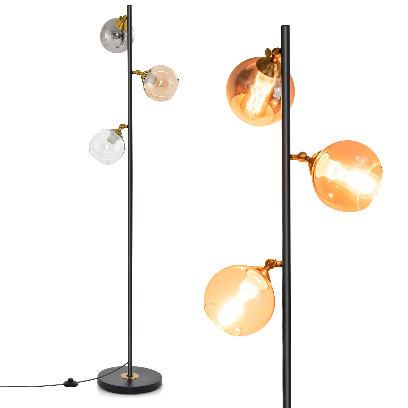 Slickblue - 64 inch Black Mid-Century Floor Lamp with 3 Glass Globe Shades Adjustable Up to 160° ...