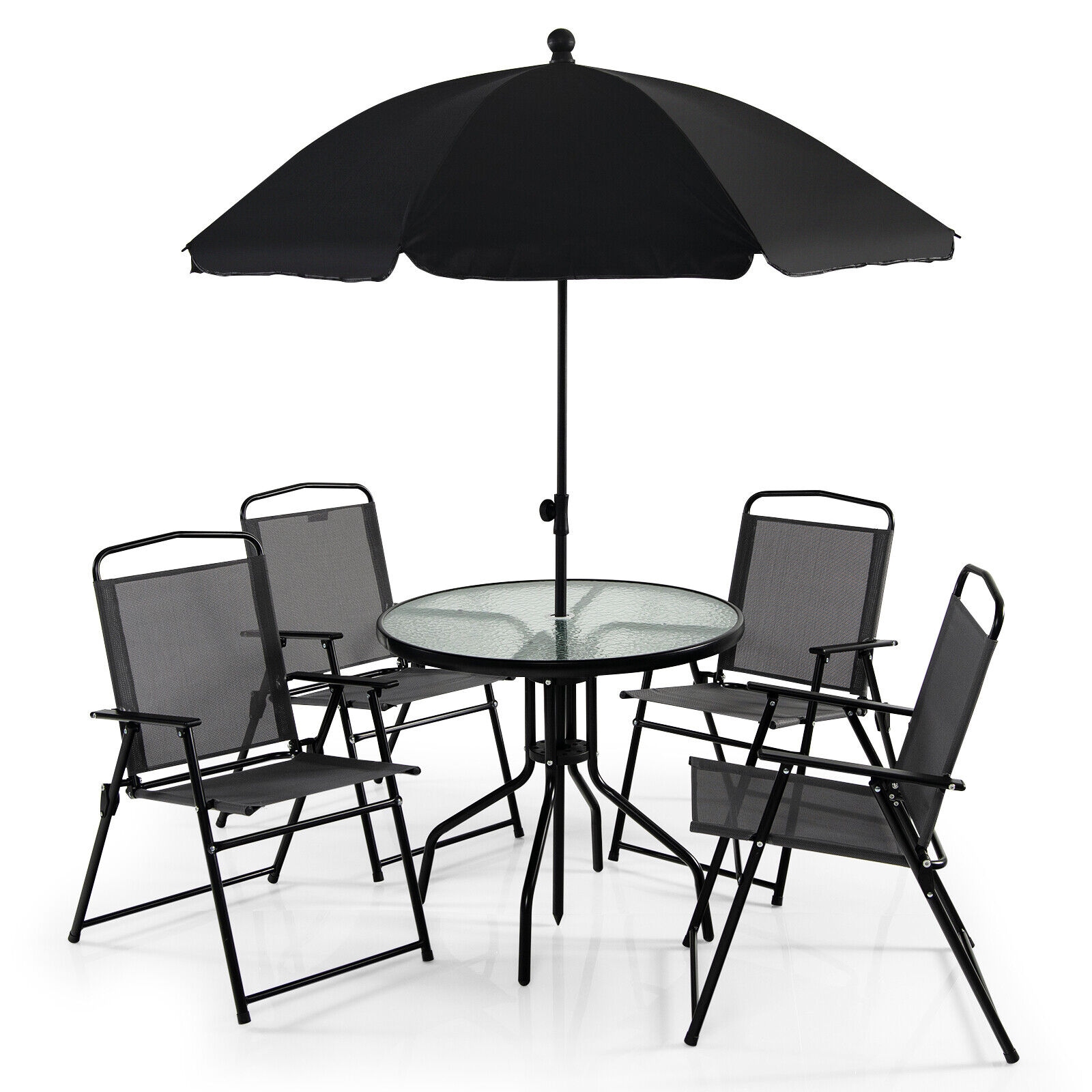 LIVIZA TDZ11803CF 6 -Piece Black Patio Dining Set Steel Round Table with 4 Stackable Stationary Chairs and Umbrella Included