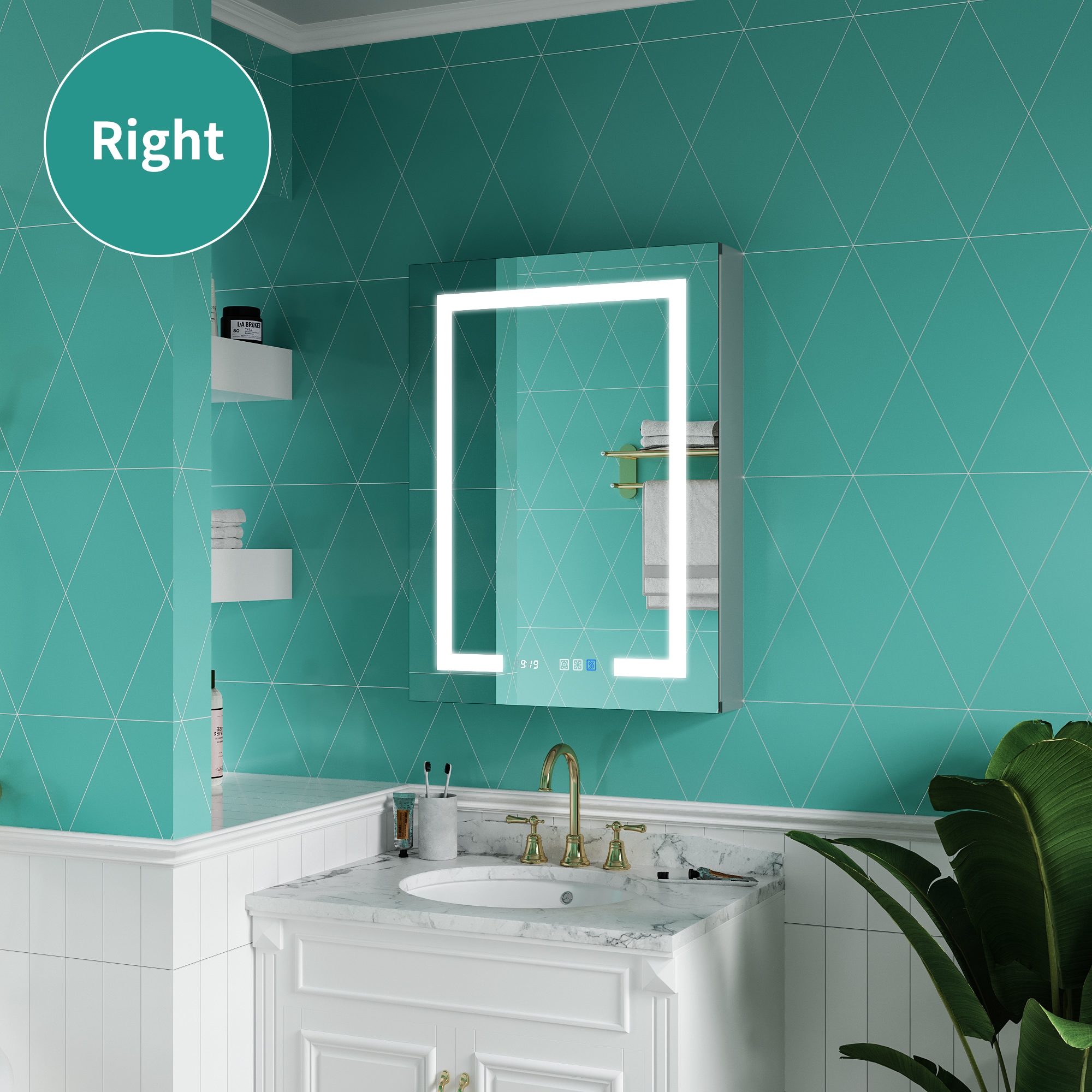 ExBrite Ethos 24-in x 32-in Lighted LED Fog Free Surface/Recessed Mount Silver Mirrored Soft Close Medicine Cabinet with Outlet