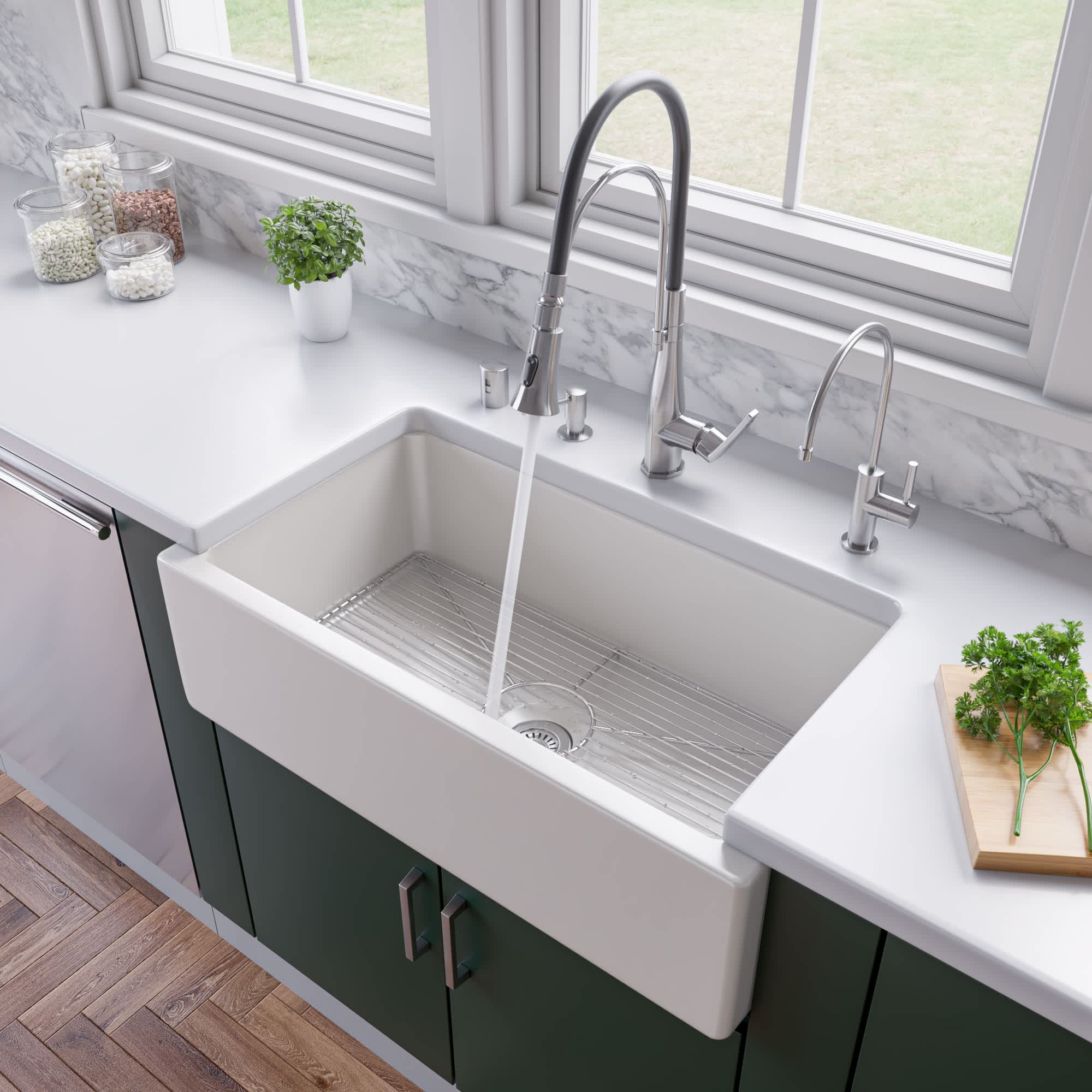 ALFI AB3318HS-W AB3318HS-W White 33-in x 18-in Reversible Fluted / Smooth Single Bowl Fireclay Farm Sink