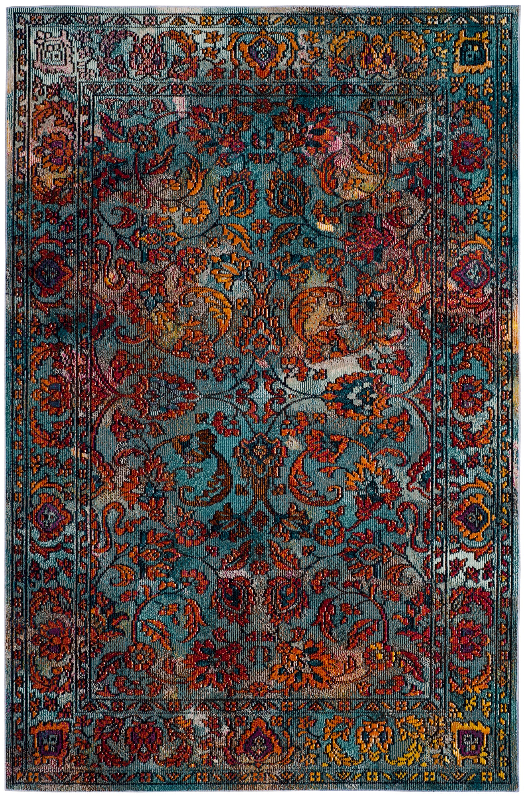 Light Blue and Orange Synthetic Rectangular 4' x 6' Area Rug