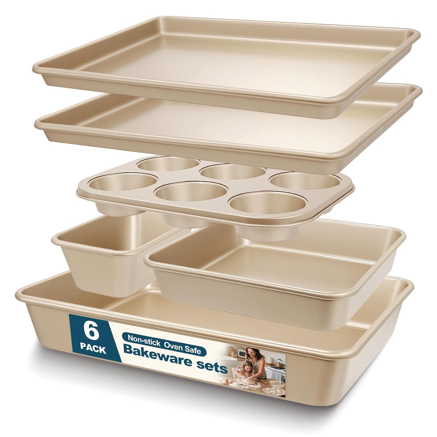 CHEFMADE 6-Piece Nonstick Carbon Steel Bakeware Set with Cookie Sheets Roaster Pan Square Pan Loaf Pan and Muffin Pan Stackable Oven Safe to 450F