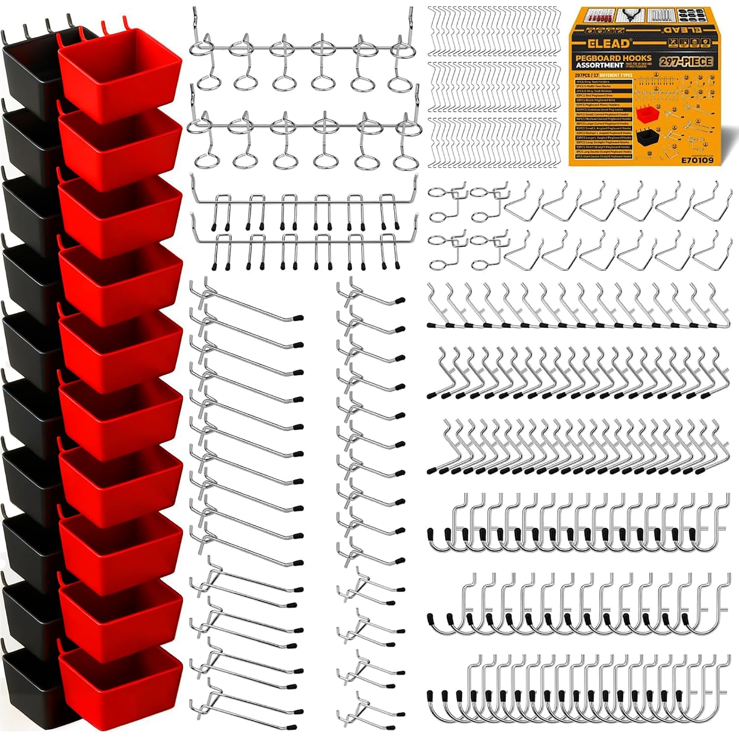 ELEAD 297-Piece Pegboard Hooks and Accessories Kit with Bins Fits 1/8 in and 1/4 in Pegboard for Garage Workshop and Craft Room Organization