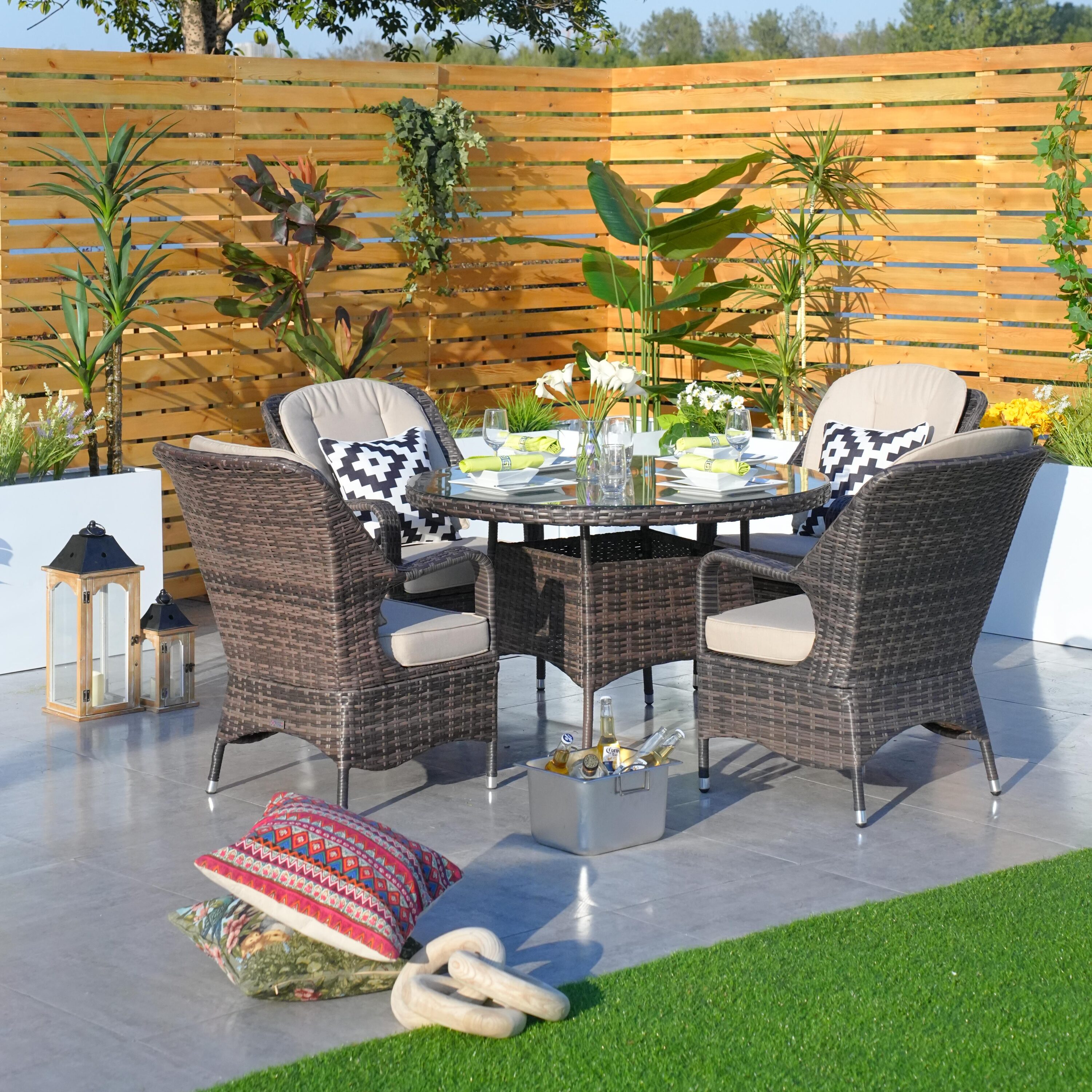 Direct Wicker DWD-1709-BR Cordella 5 -Piece Brown Wicker Patio Dining Set Wicker Round Table with 4 Tan Cushions Stationary Chairs