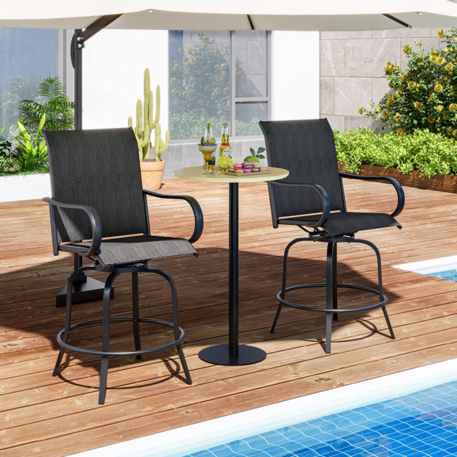 Mondawe MO-NP11924DK2 Set of 2 Black Metal Frame Stationary Bar Stool Chair with Gray Sling Seat