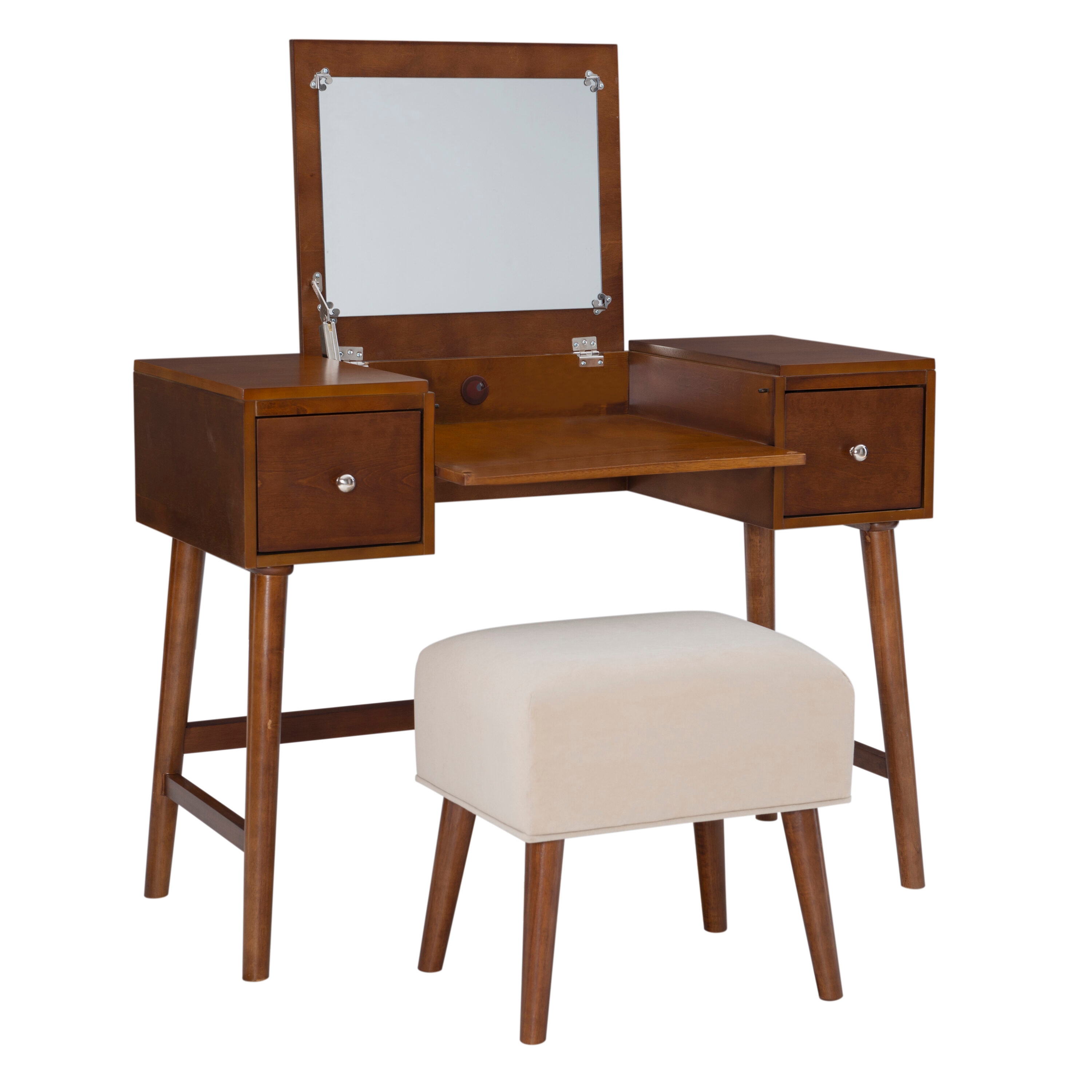 Linon VS058BIR01U 40-in Brown, neutral, rubber wood, solid wood, MDF, birch veneer, foam, fabric Makeup Vanity