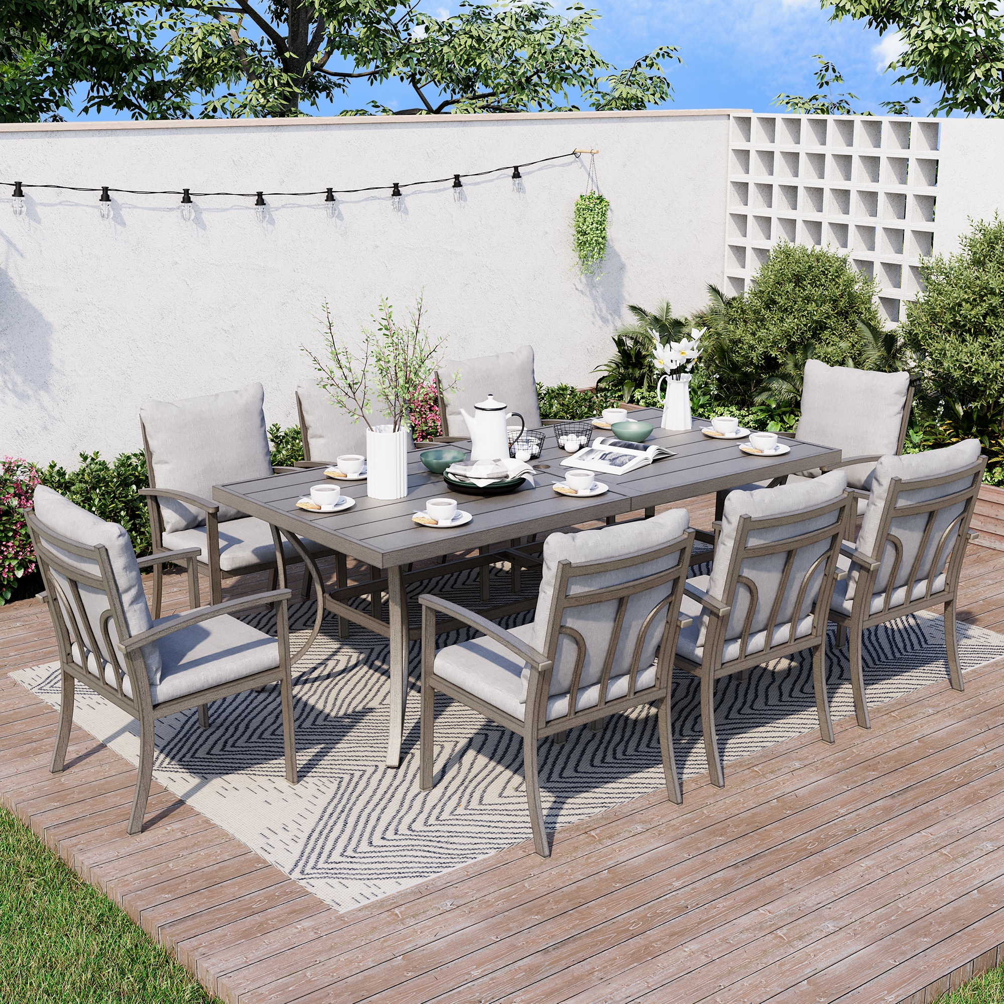  EL-CZ9-GG-C1-WL3 9 -Piece Gray Patio Dining Set Aluminum Rectangle Table with 8 Gray Cushions Stationary Chairs