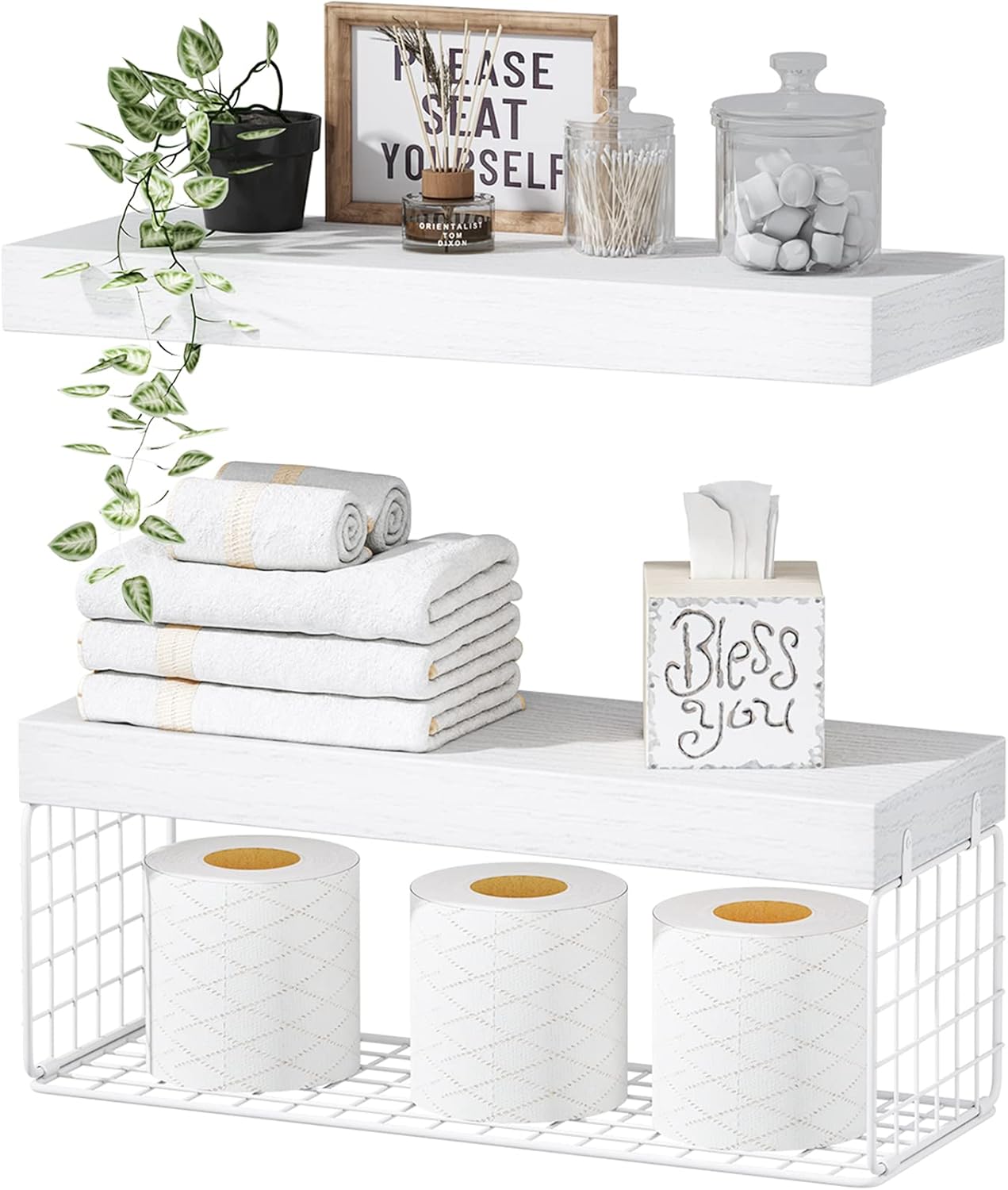 QEEIG White Bathroom Shelves Over Toilet Wall Mounted Floating Farmhouse Shelf Toilet Paper Storage 16 Inch Set of 2 019 W2