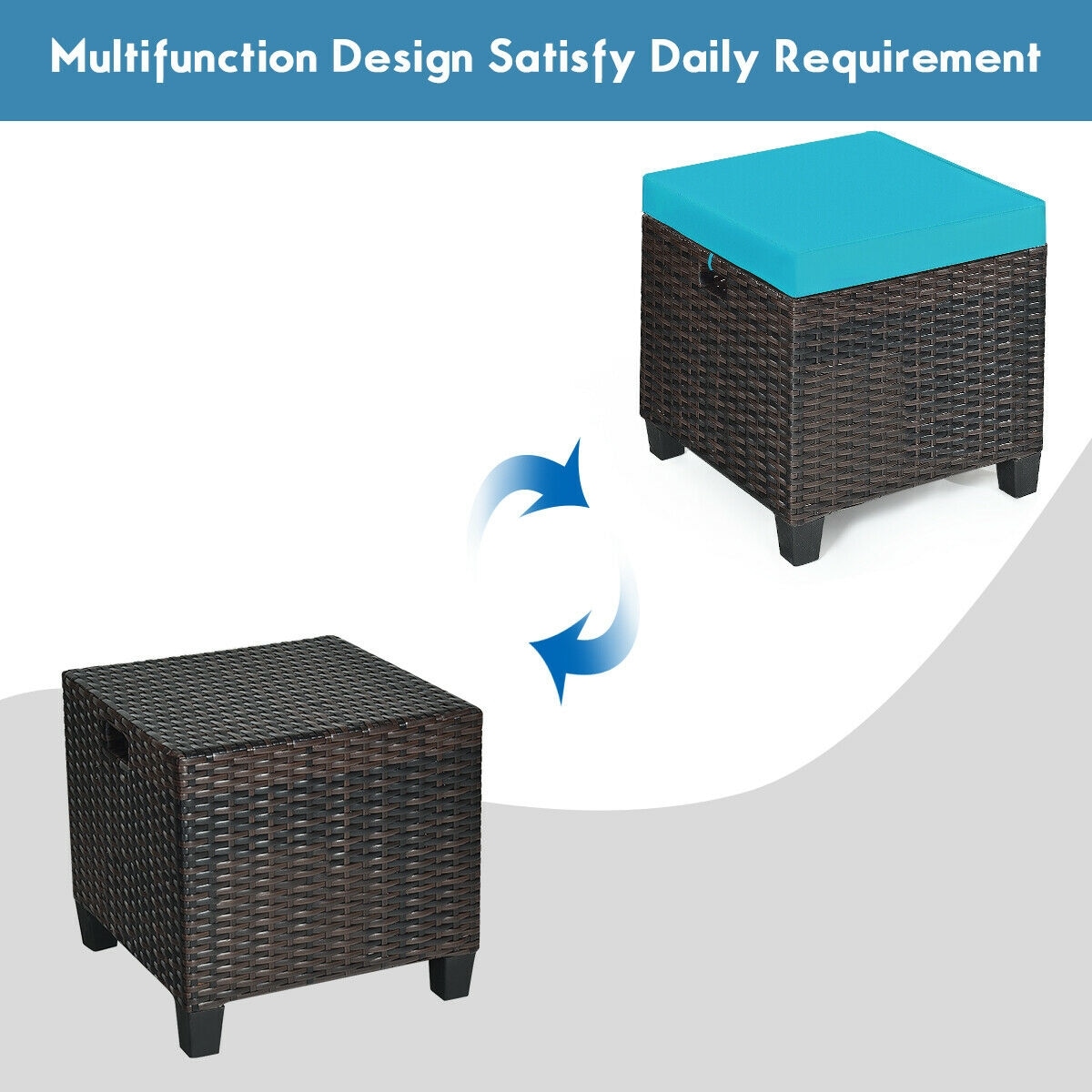 Turquoise Cushioned Rattan Patio Ottoman Set with Steel Frame