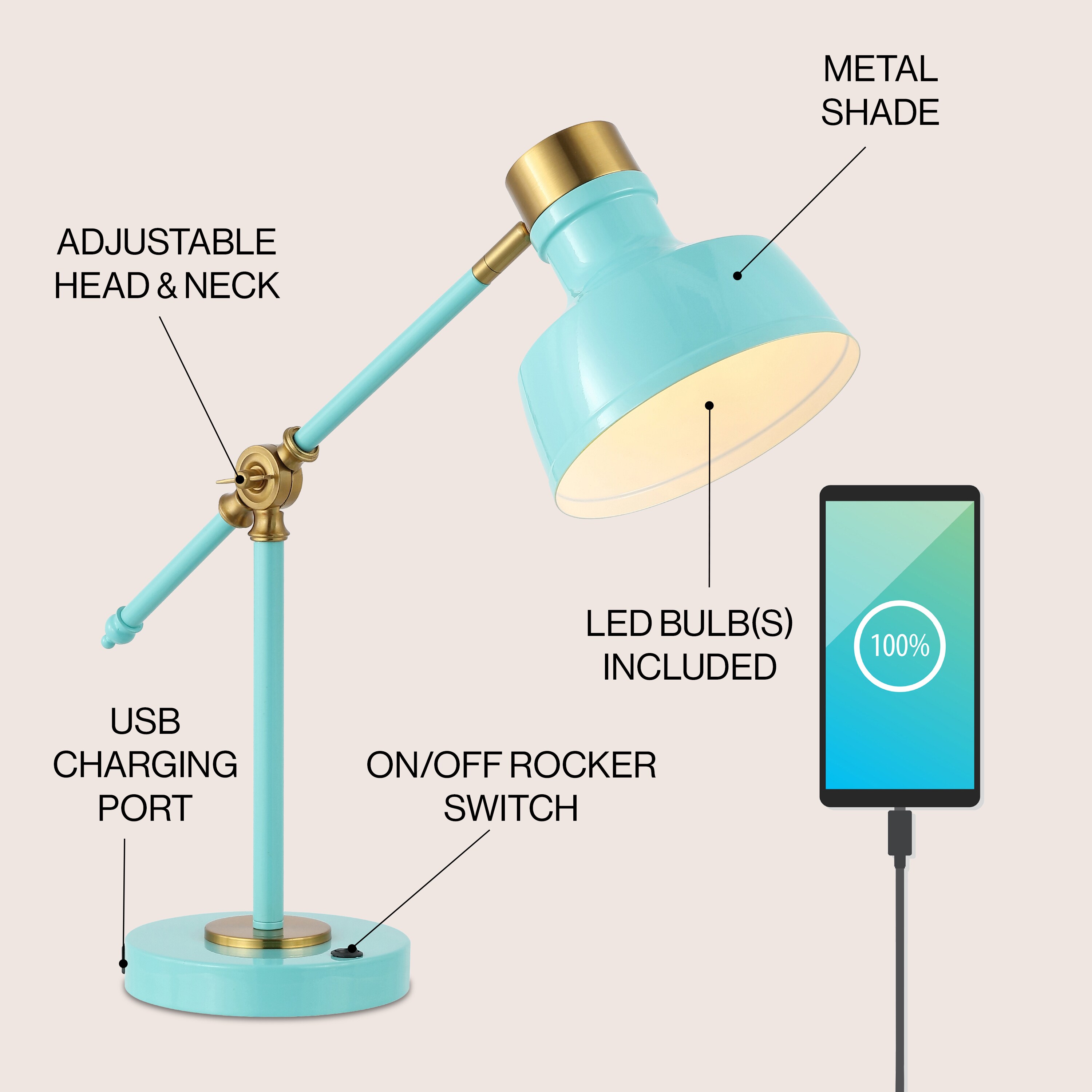 Cyan and Brass Adjustable Edison LED Task Lamp with USB
