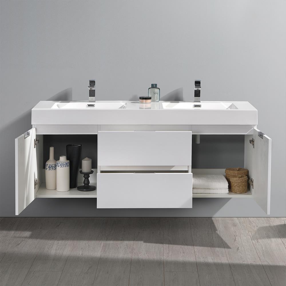 Glossy White 60" Wall-Mounted Double Sink Vanity with Acrylic Top