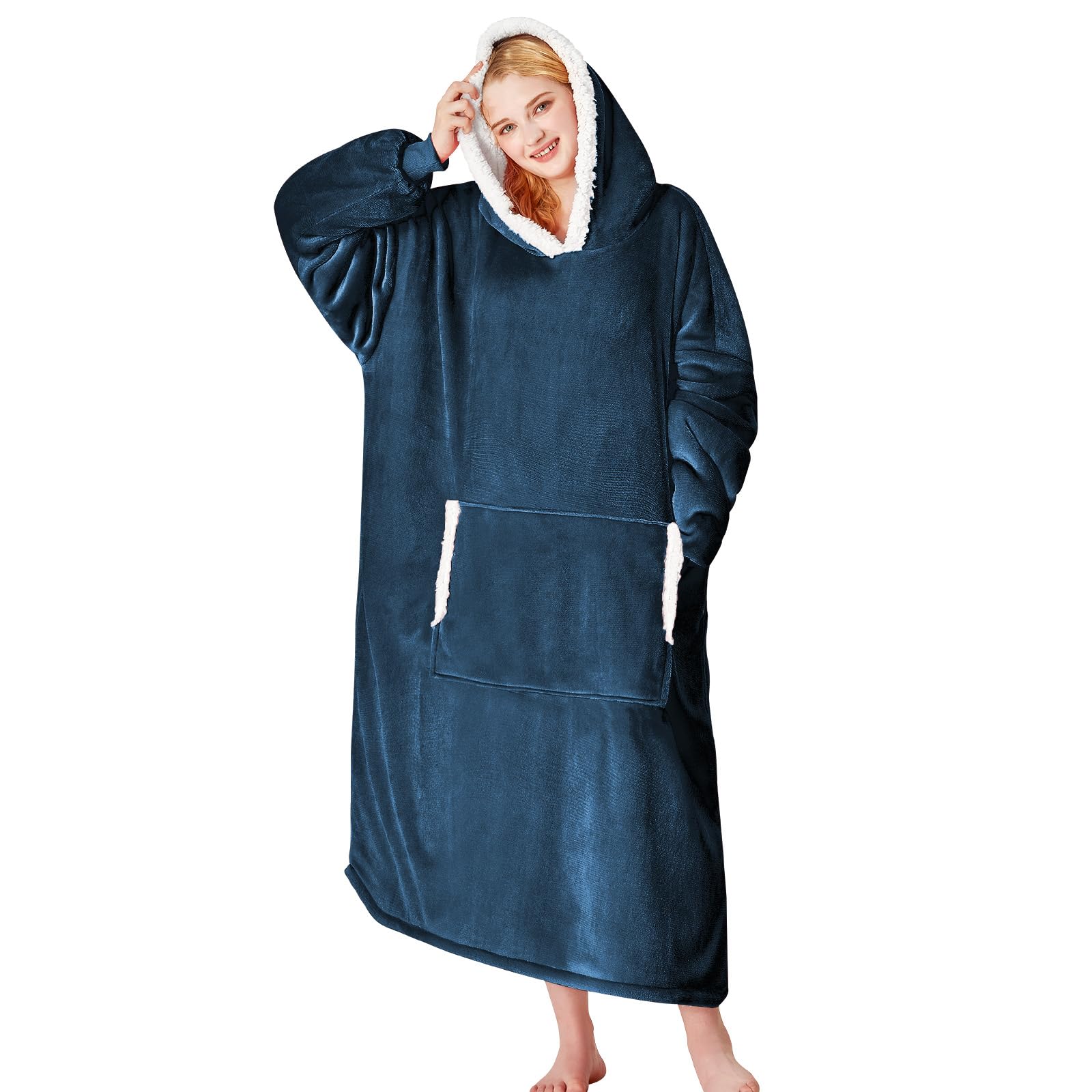 Phewnyzo Wearable Blanket Hoodie Flannel Sherpa Fleece Sweatshirt for Adults Cozy Oversized Hooded Blanket with Pocket and Sleeves Navy Blue #LPW0818W1444