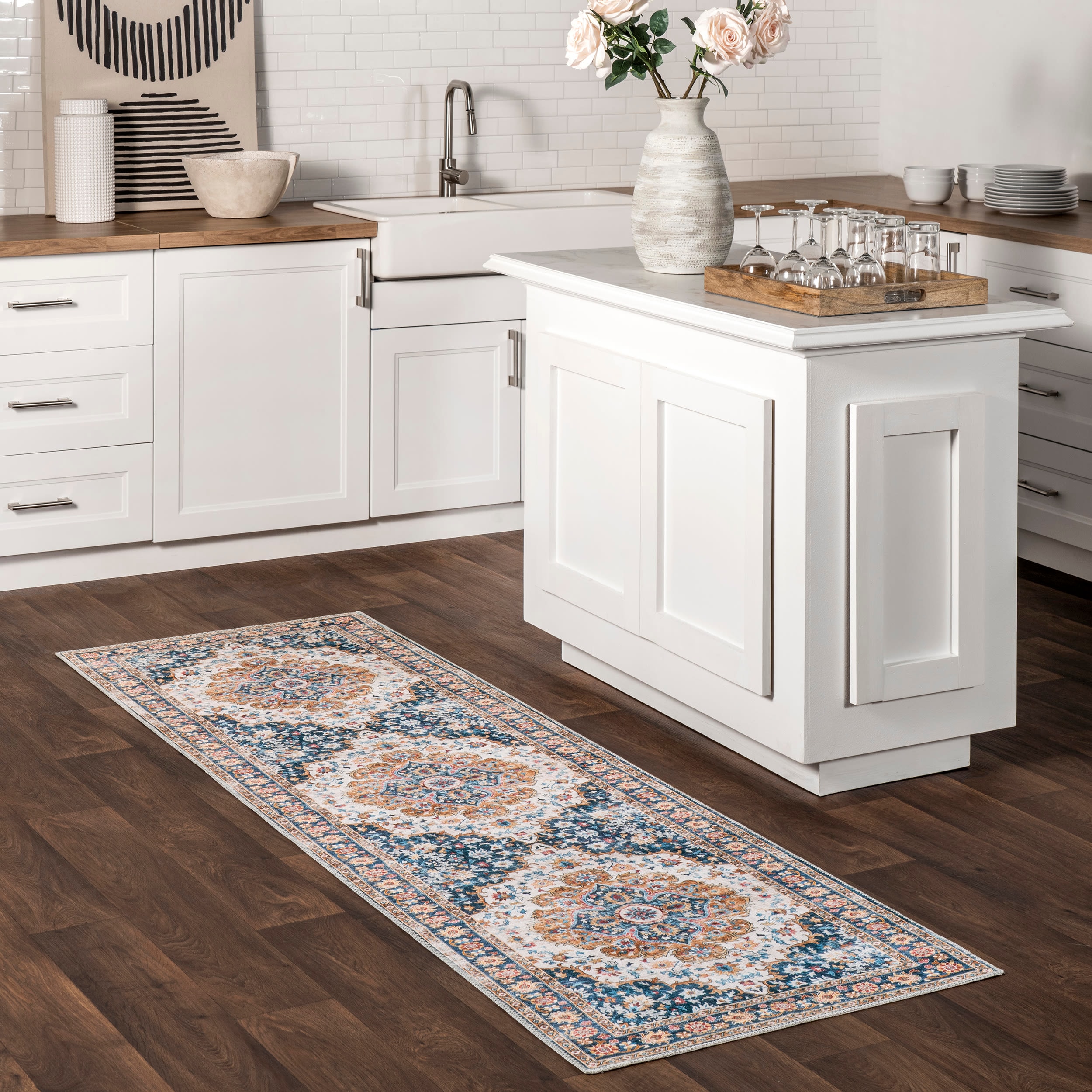 nuLOOM HJTH06A-2608 2 x 8 (ft) Loomed Polyester Blue Multicolor Rectangular Indoor Medallion Persian Machine washable Runner rug