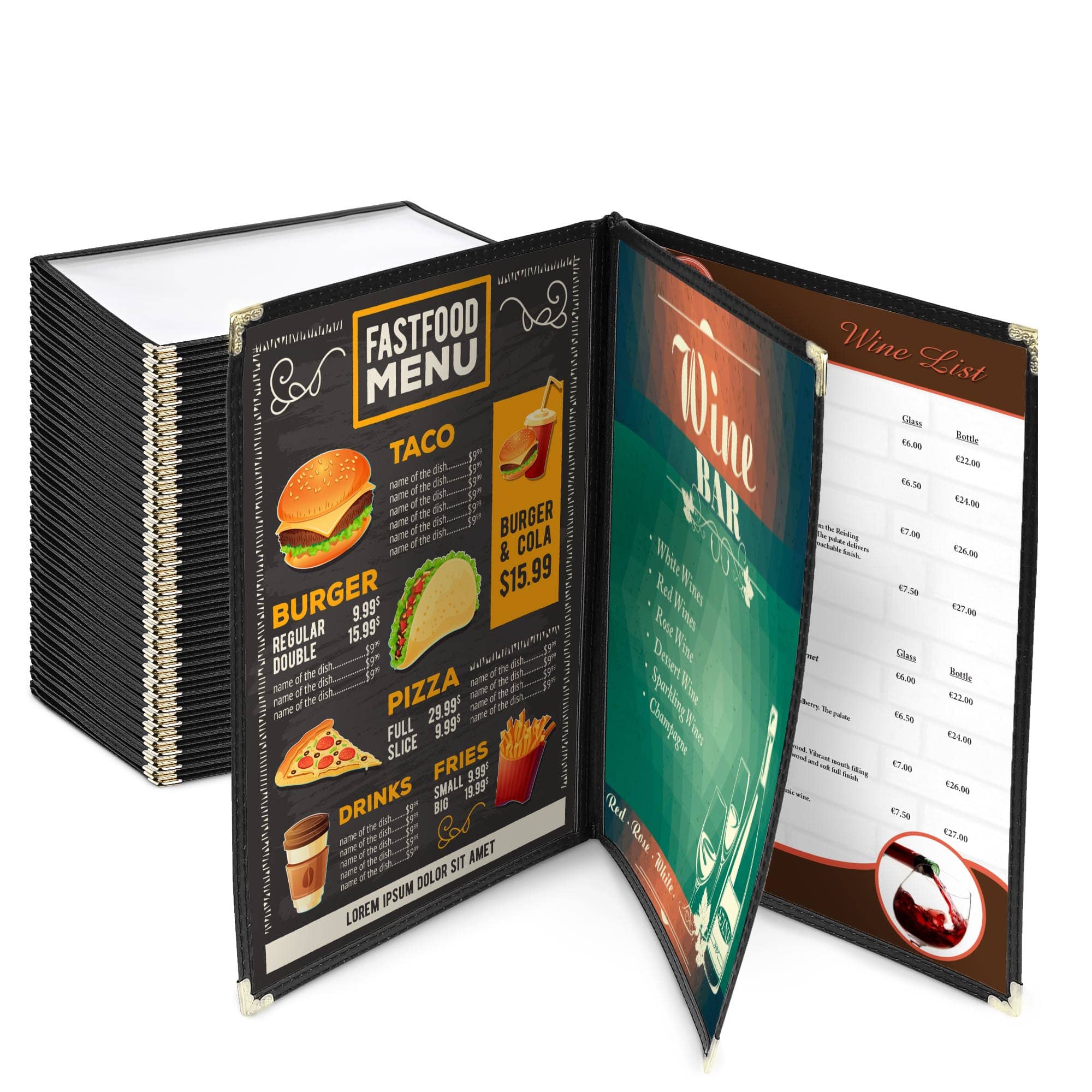 Yescom 26MNC031-814B3-06-LO Wechef 30 Pack 8.5X14IN Menu Covers 3 Pages 6 Views Black Triple Book Style Cafe Restaurant Folder