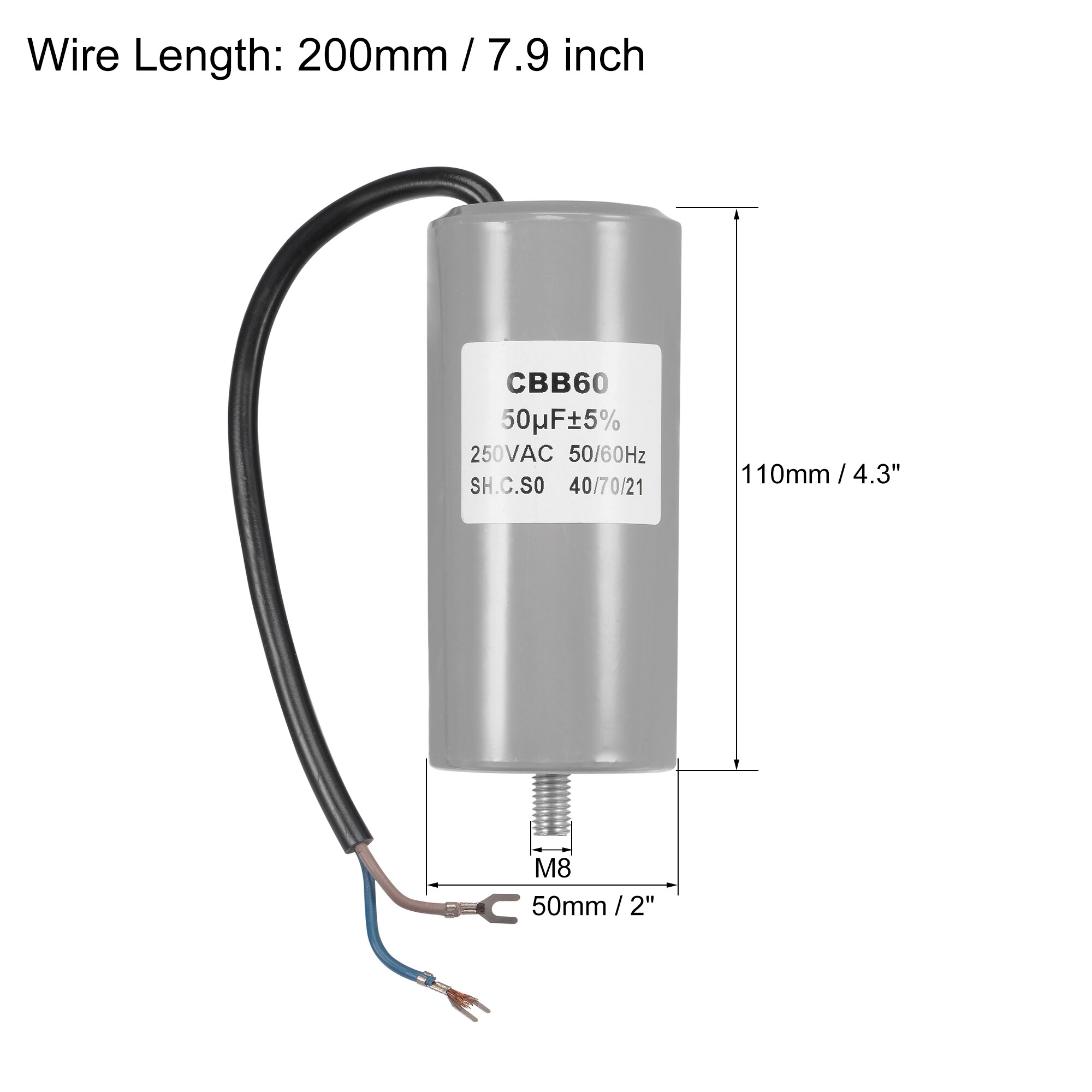 sourcing map CBB60 Marche Condensateur 50uF 450V AC 2 Fils 50/60Hz Cylindre 105x50mm avec Terminal pour Air Compresseur Eau Pompe Moteur