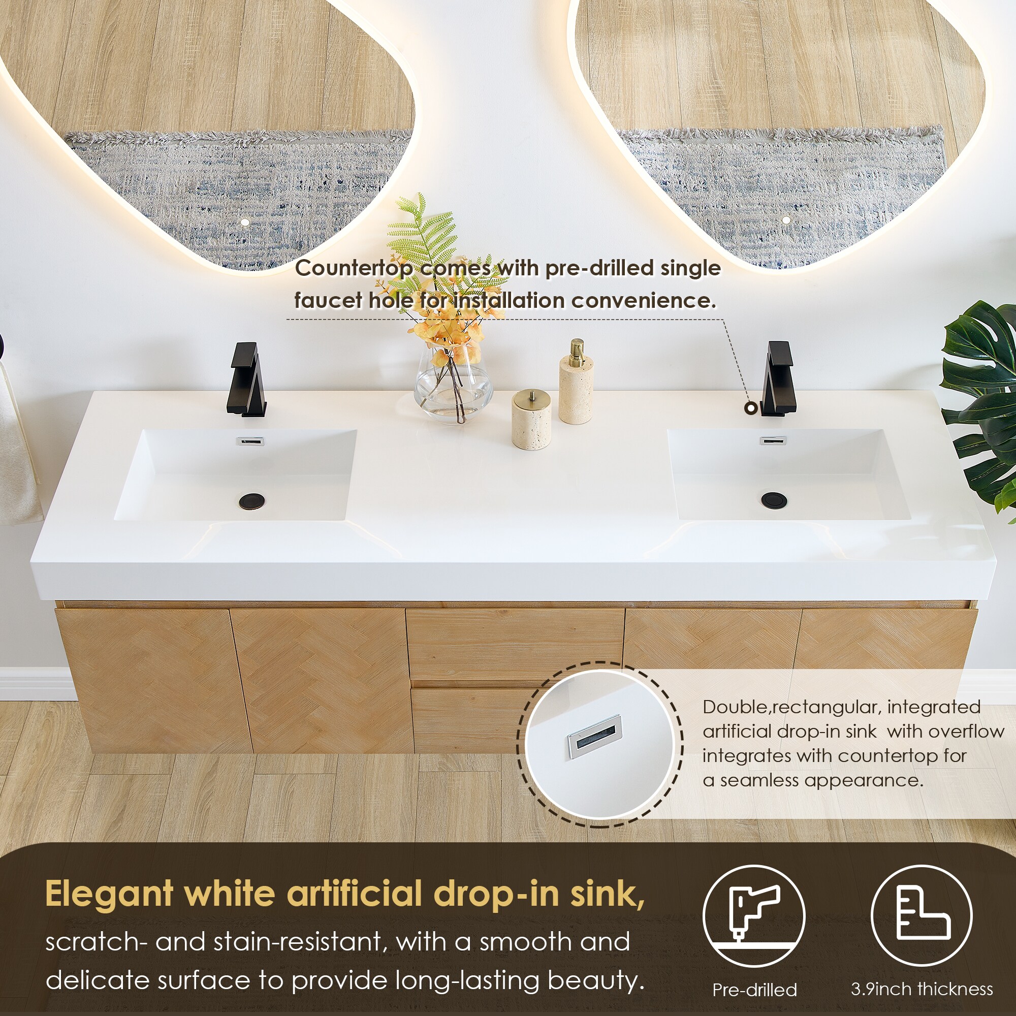 Highlighting features like pre-drilled faucet hole and integrated drop-in sink