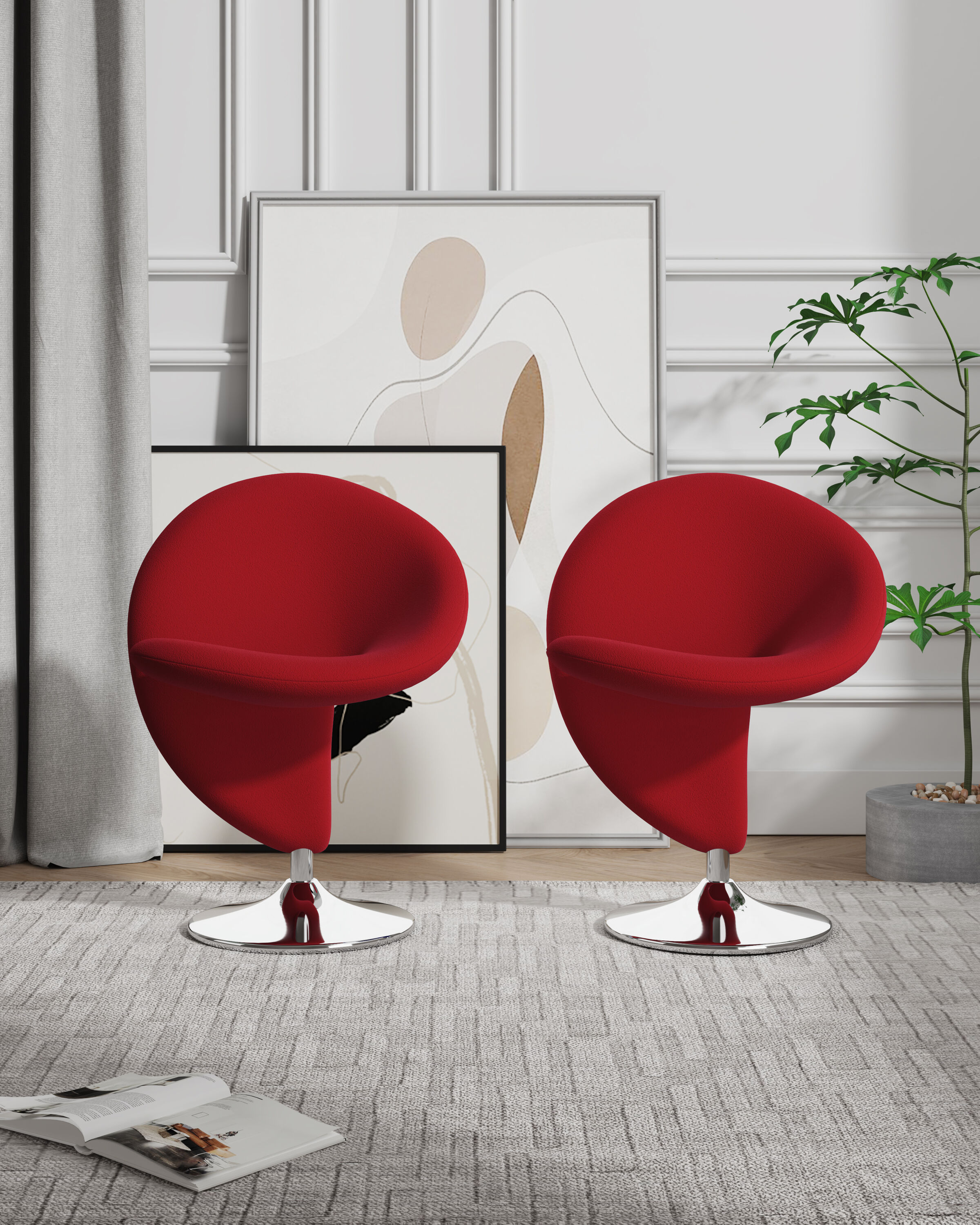 Manhattan Comfort 2-AC040-RD 2 Curl Modern Red and Polished Chrome Wool Accent Chair