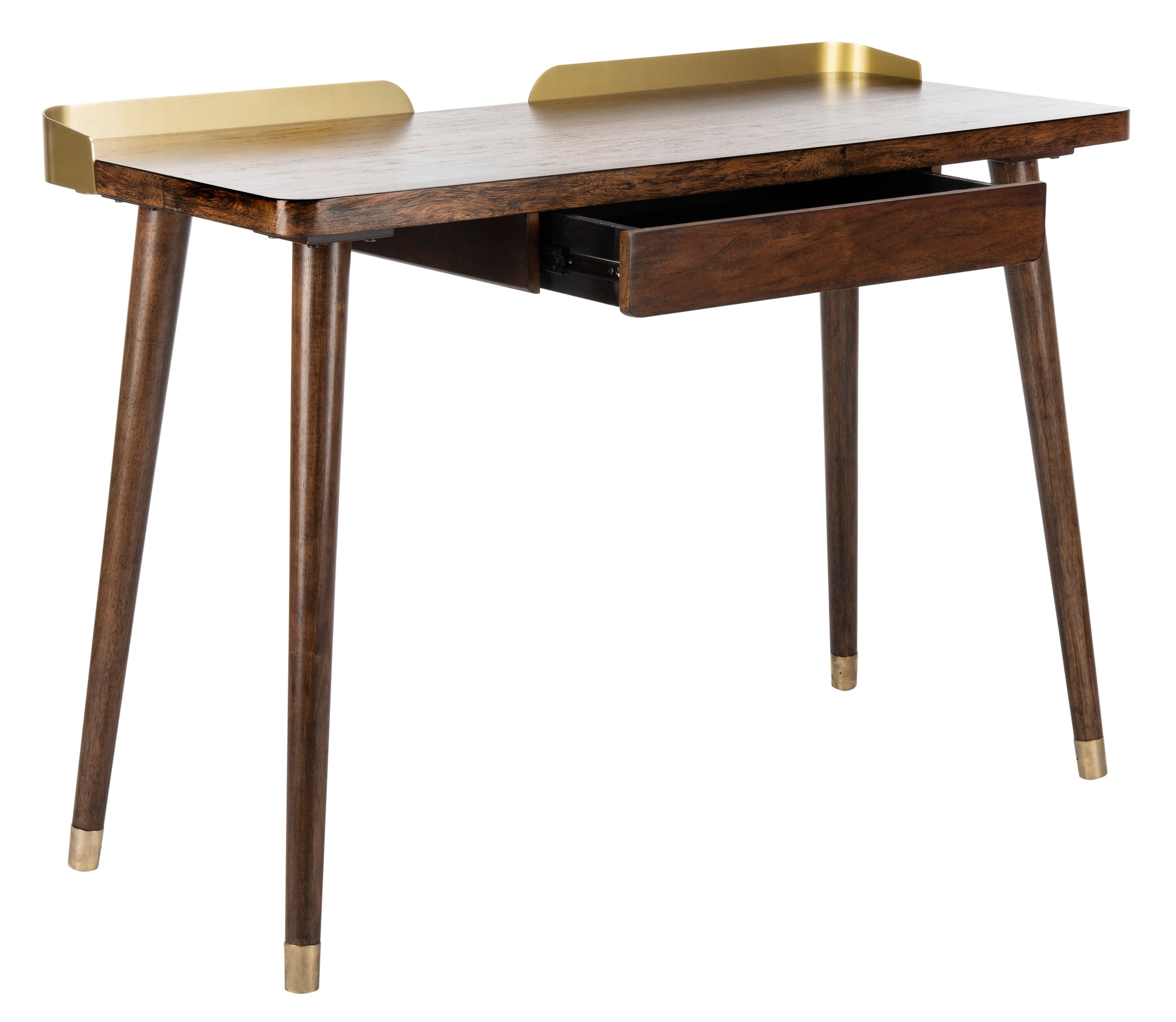 Walnut and Gold Transitional Home Office Desk with Drawer