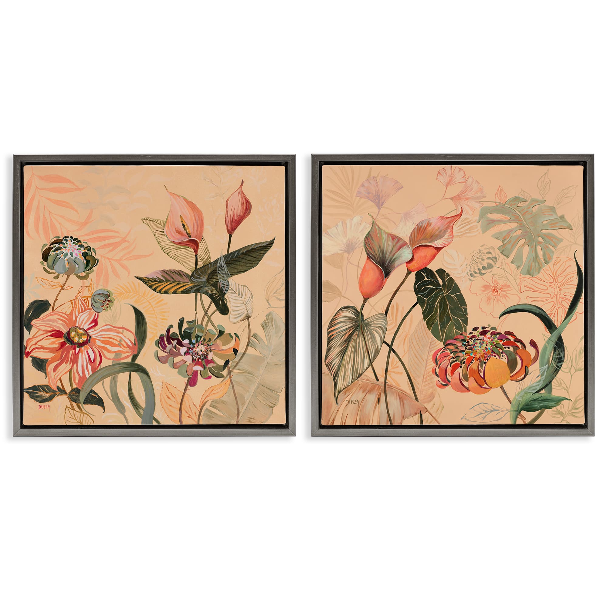 Stupell Industries B2-796-FFL-2PC-24X24 Elegant Flower Organics 2 Piece Gray Framed Floater Canvas Set By Dusza 25 x 25