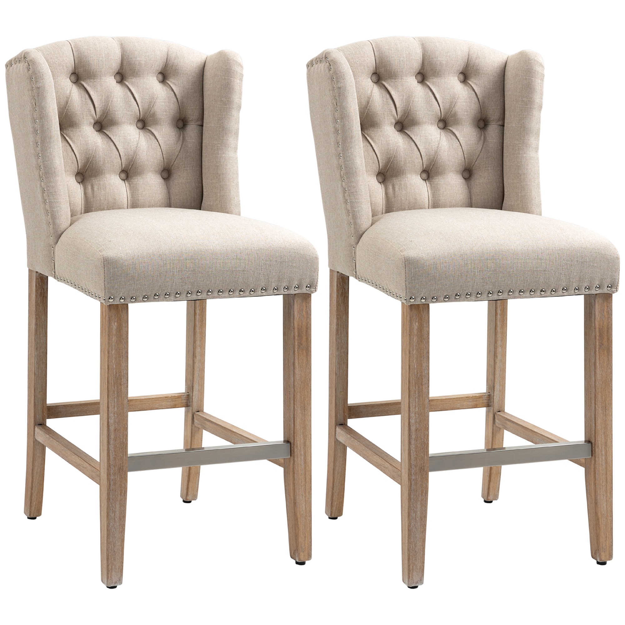 HomCom 835-173V01BG Counter Height Bar Stools Set of 2 27in Seat Height Upholstered Barstools Farmhouse Kitchen Island Stools with Nailhead-Trim Tufted Back and Wooden Legs Beige