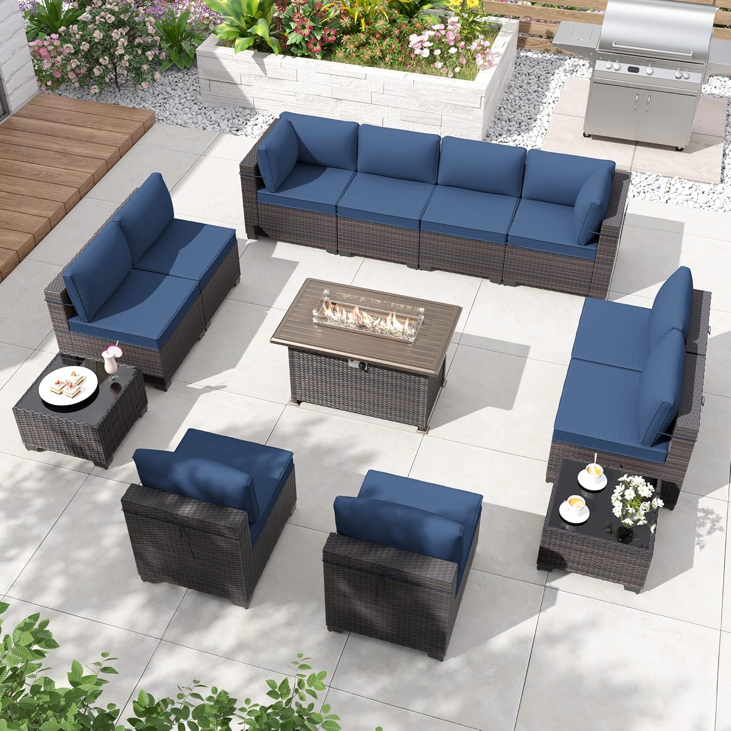 ALAULM LS-2A2BC+1-NAVY 13-Piece Rattan Patio Conversation Set with Blue Cushions