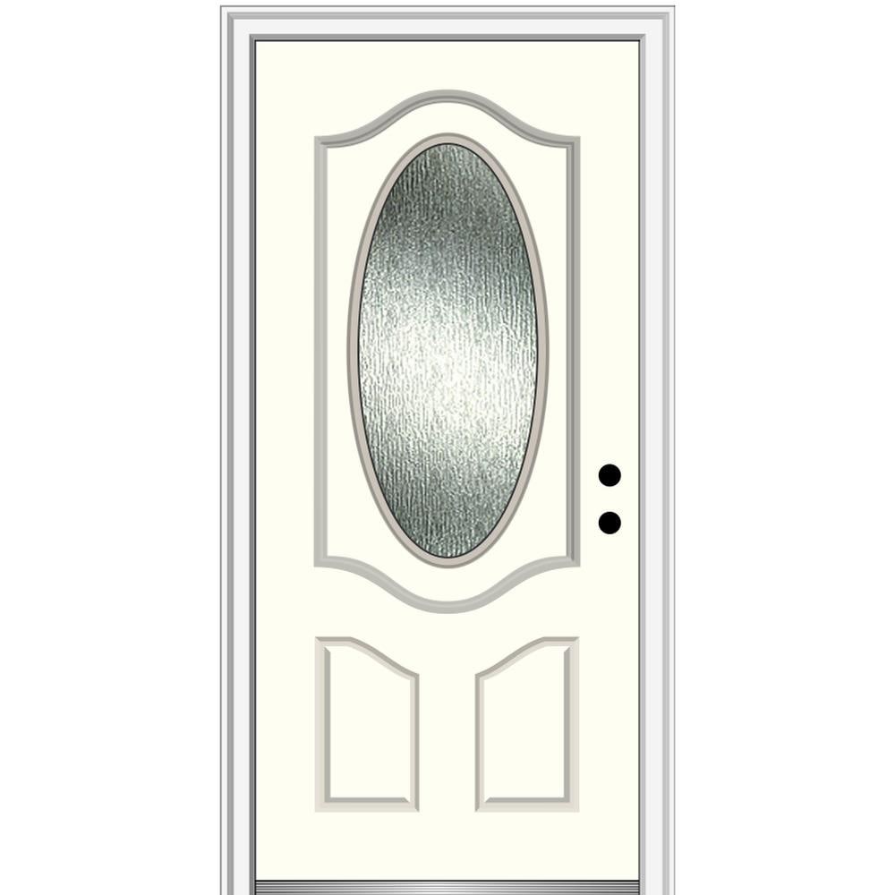 MMI DOOR ZZ367830L Rainglass 36-in x 80-in Fiberglass Oval Lite Left-Hand Inswing Alabaster Painted Prehung Front Door with Brickmould Solid Core