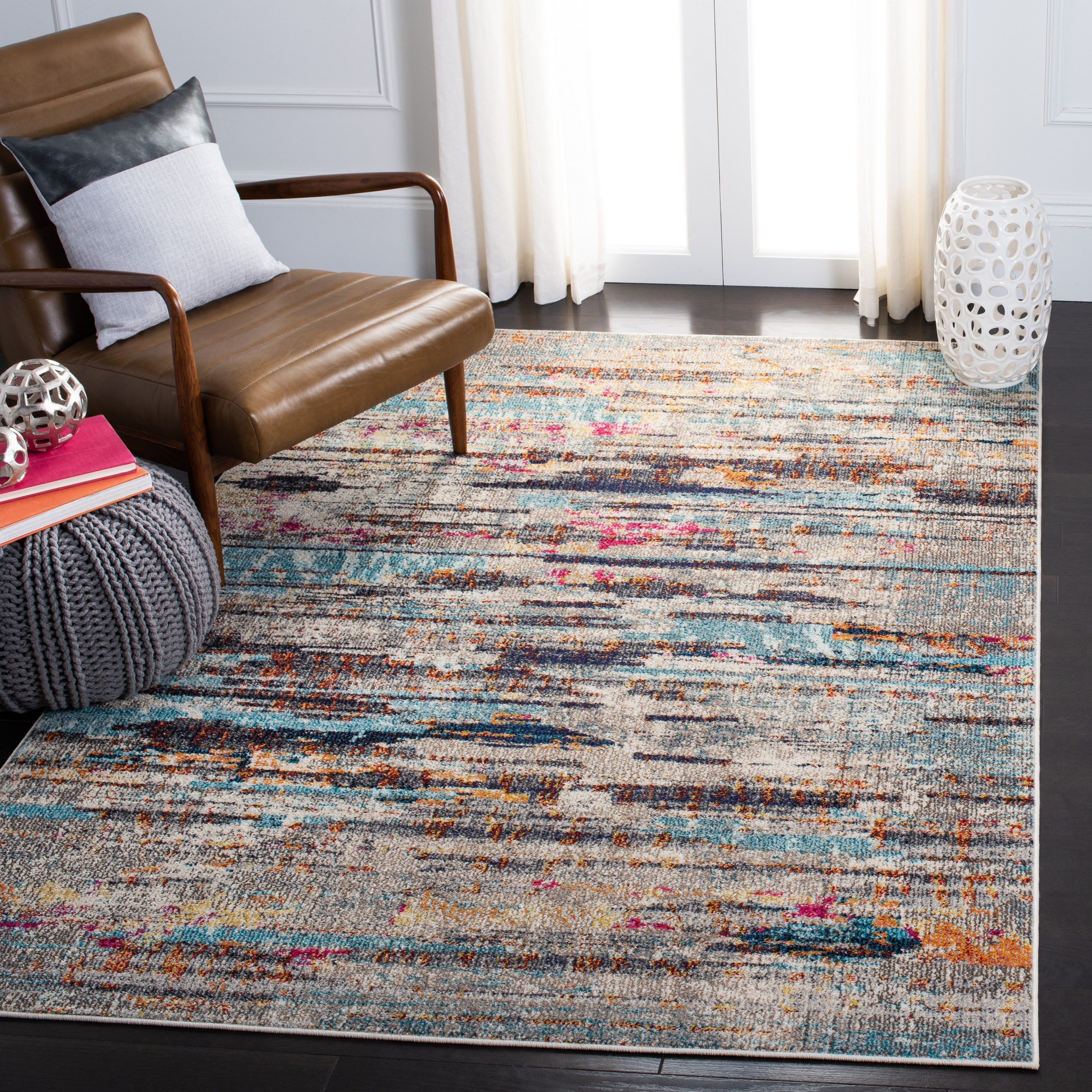 Safavieh MAD419F-3SQ Madison Surate 3 x 3 (ft) Loomed Polypropylene Gray/Turquoise Square Indoor Abstract Bohemian/Eclectic Throw rug
