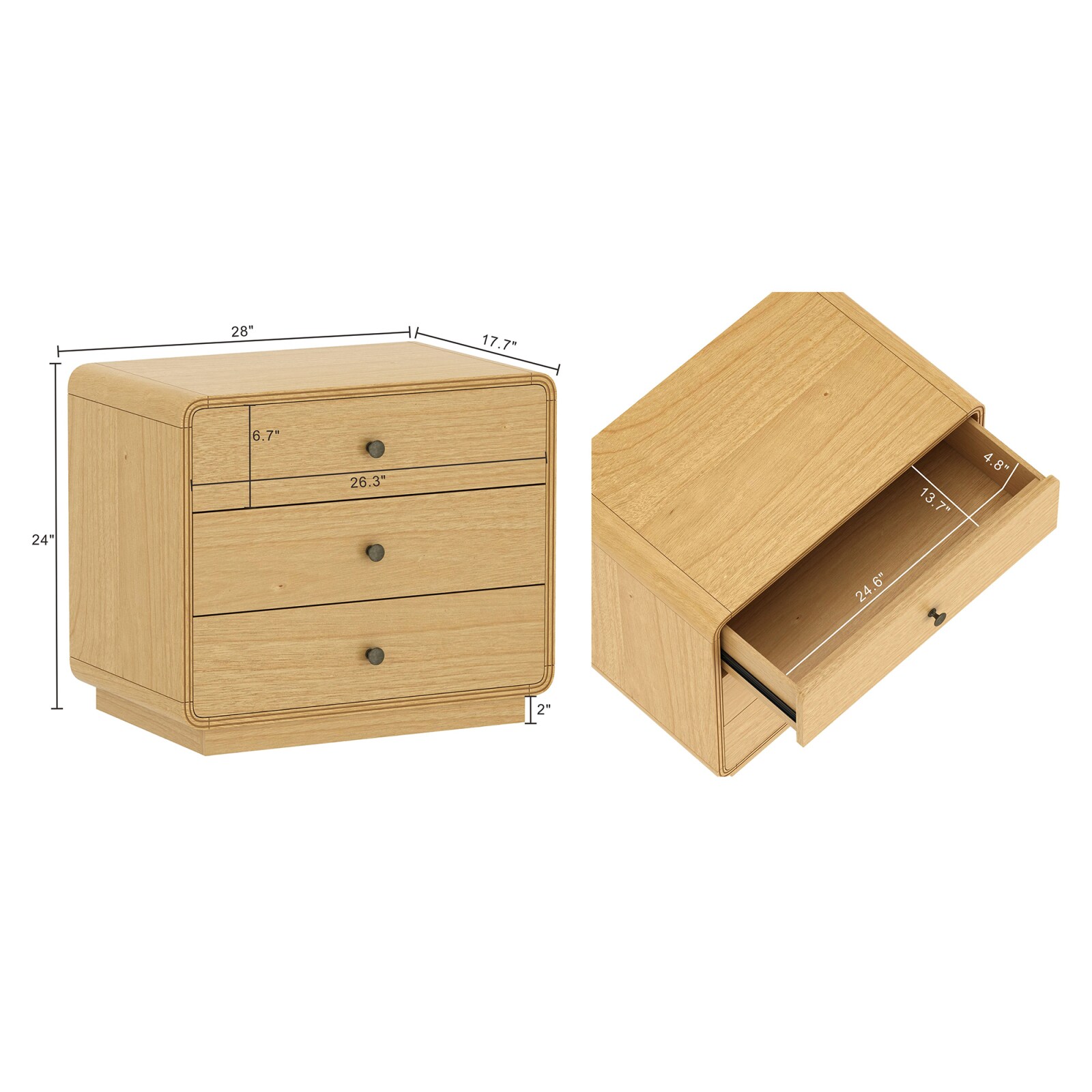 CHITA Natural Modern Nightstand with 3 Storage Drawers and Soft-Close ...