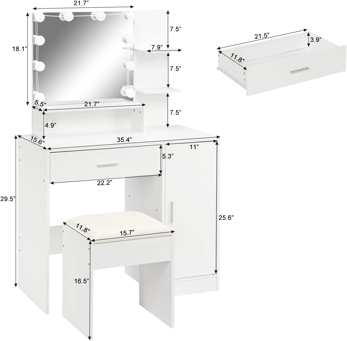 Outopee LO1G52002991 35.4-in White Makeup Vanity