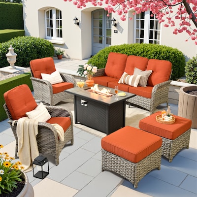 Caodoc L5-CFP03-VNC806-1 Sprout Rattan Outdoor Sectional with Orange Cushions and Rattan Frame