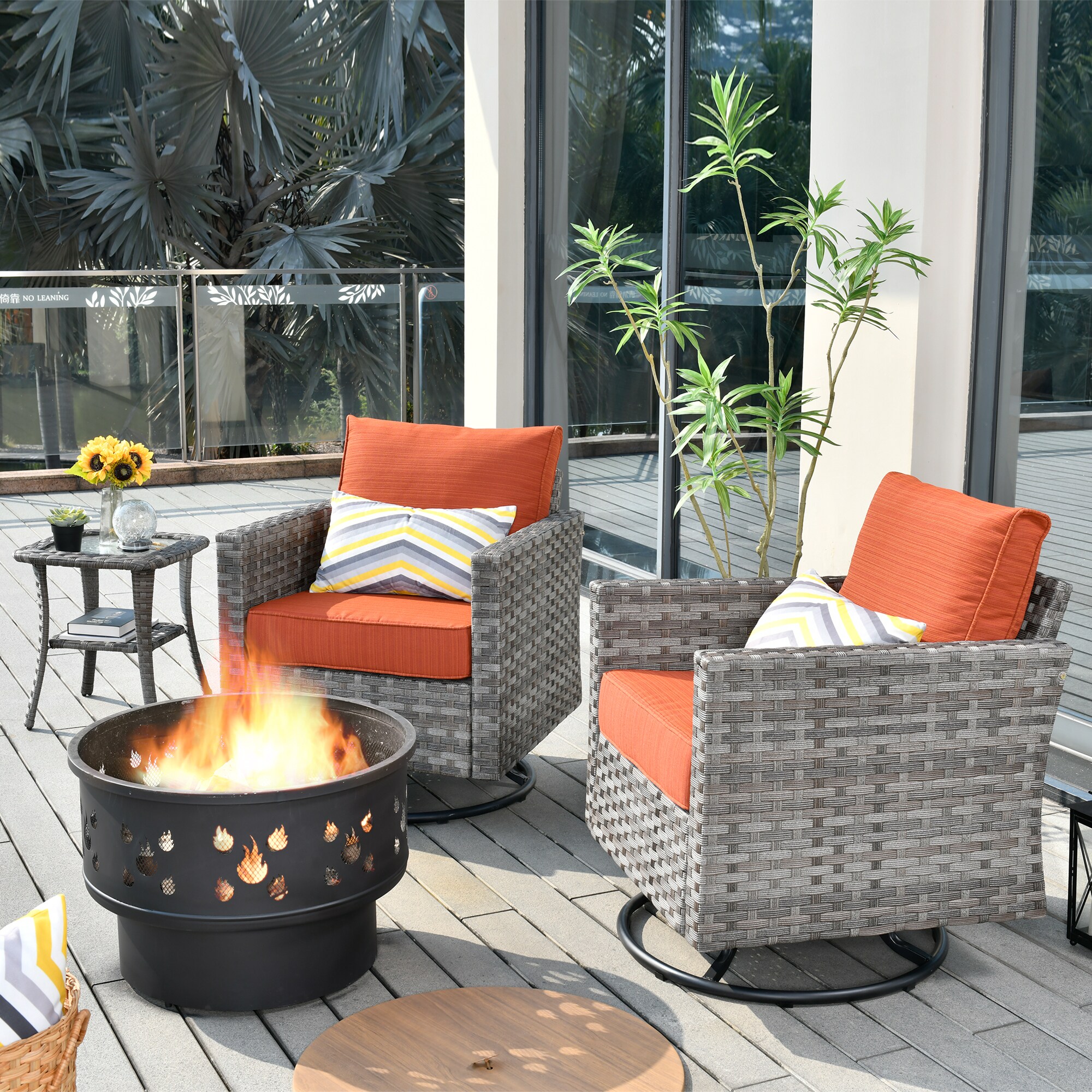 Pouuin SCFPBRS803 4 -Piece Wicker Patio Conversation Set with Orange Cushions