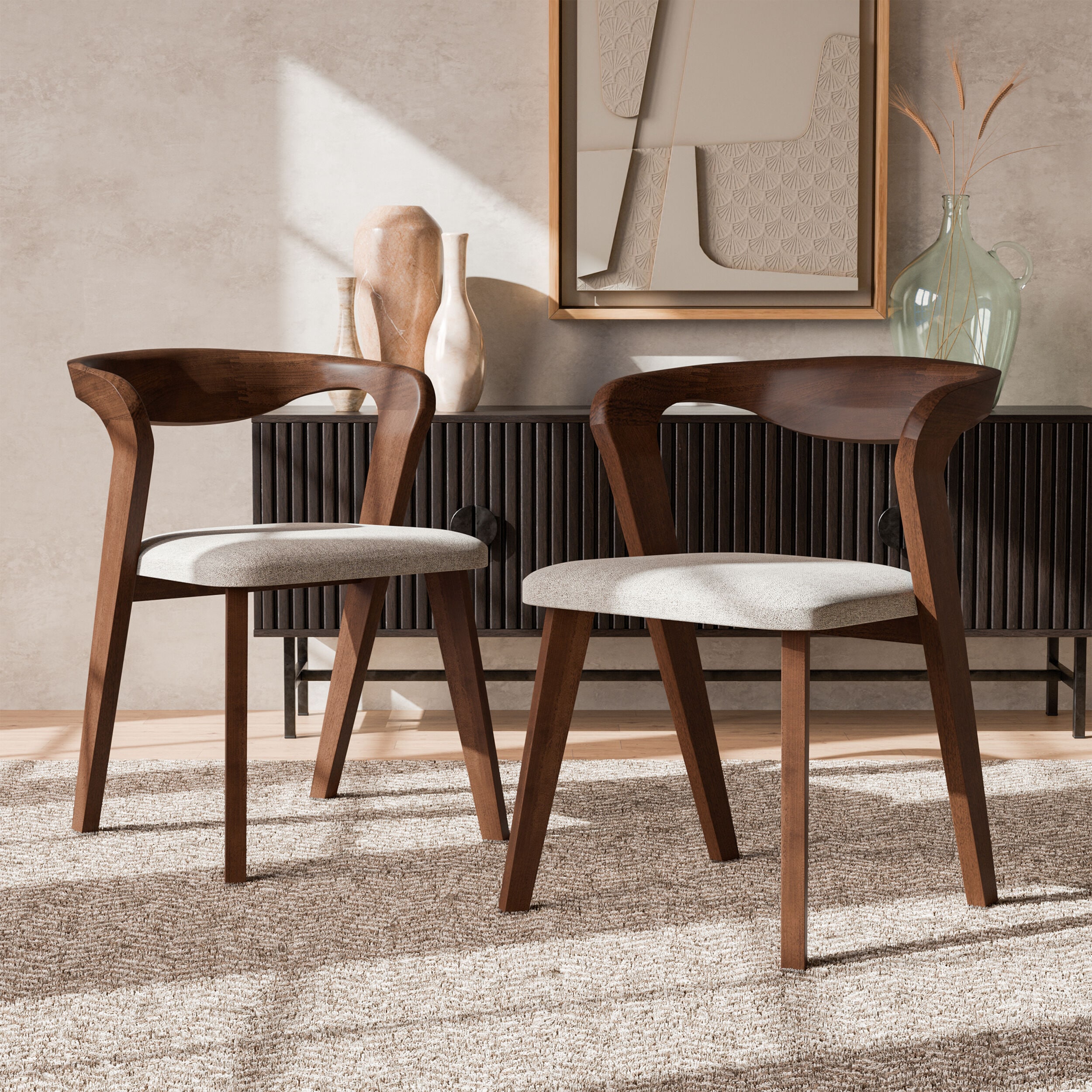 Furniture of America IDF-30002WN-SC Shelun II Rich Walnut Fabric Upholstered Dining Chairs with Curved Backrest Set of 2