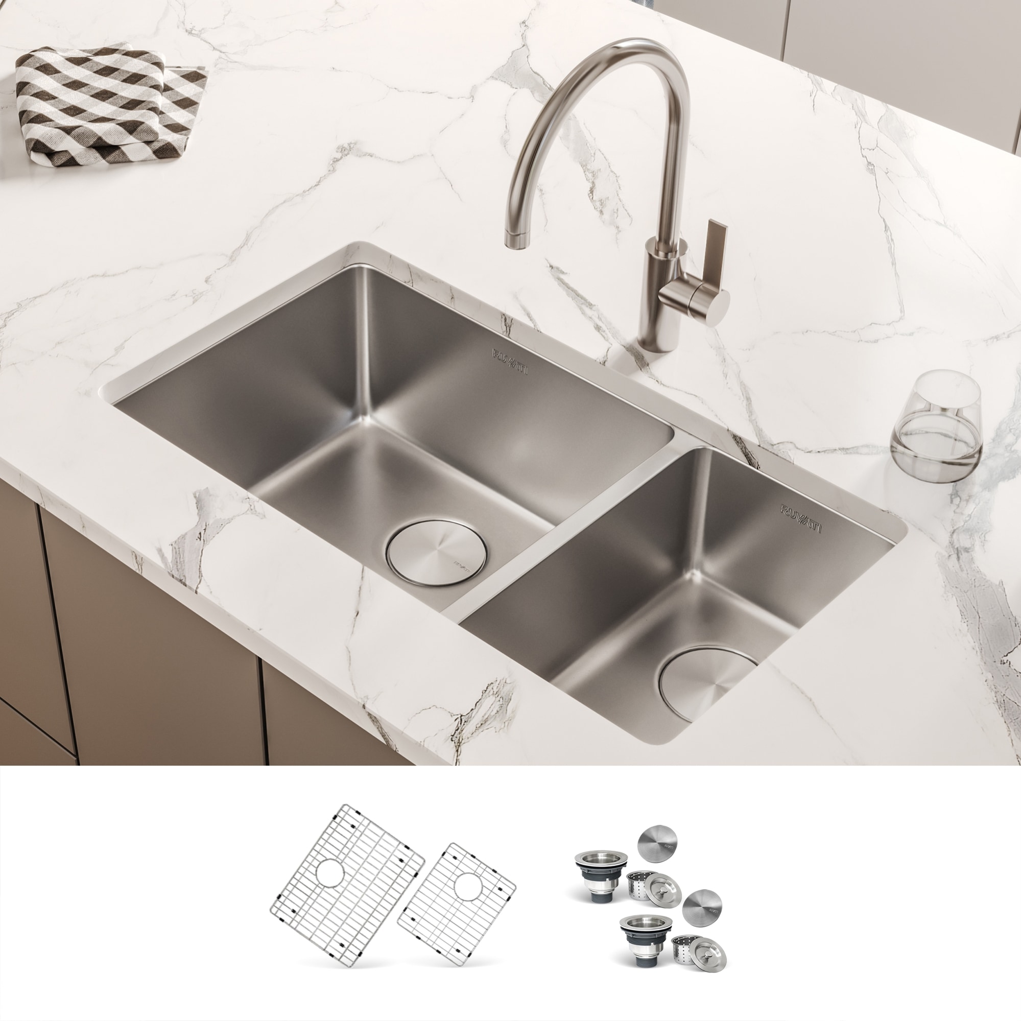 Ruvati Modena Undermount 32-in x 18-in Stainless steel Double offset bowl 16 -Gauge Kitchen Sink