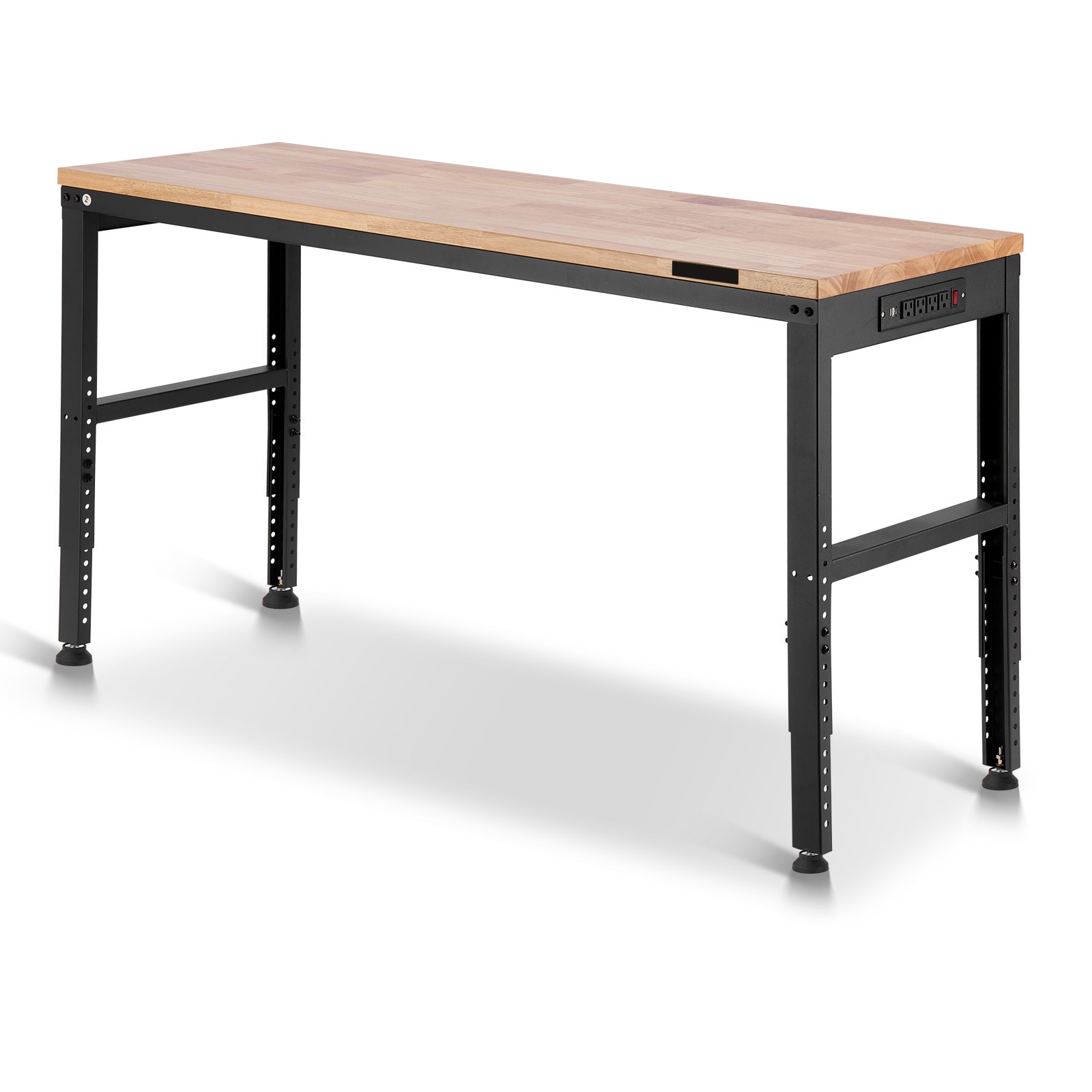 GIVIMO Adjustable Workbench 2000-lb 61-in by 20-in Heavy-Duty Garage Work Bench with 27.1-in to 36-in Height Adjustment Built-In Power Outlets and Oak Tabletop
