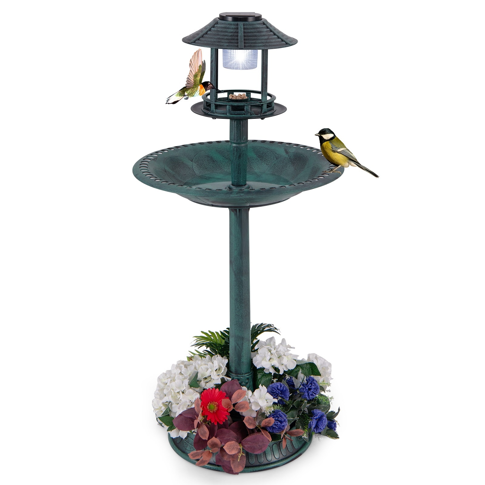 Slickblue Solar Lighted Bronze/Green Bird Bath with Feeder and Planter for Garden Yard or Lawn