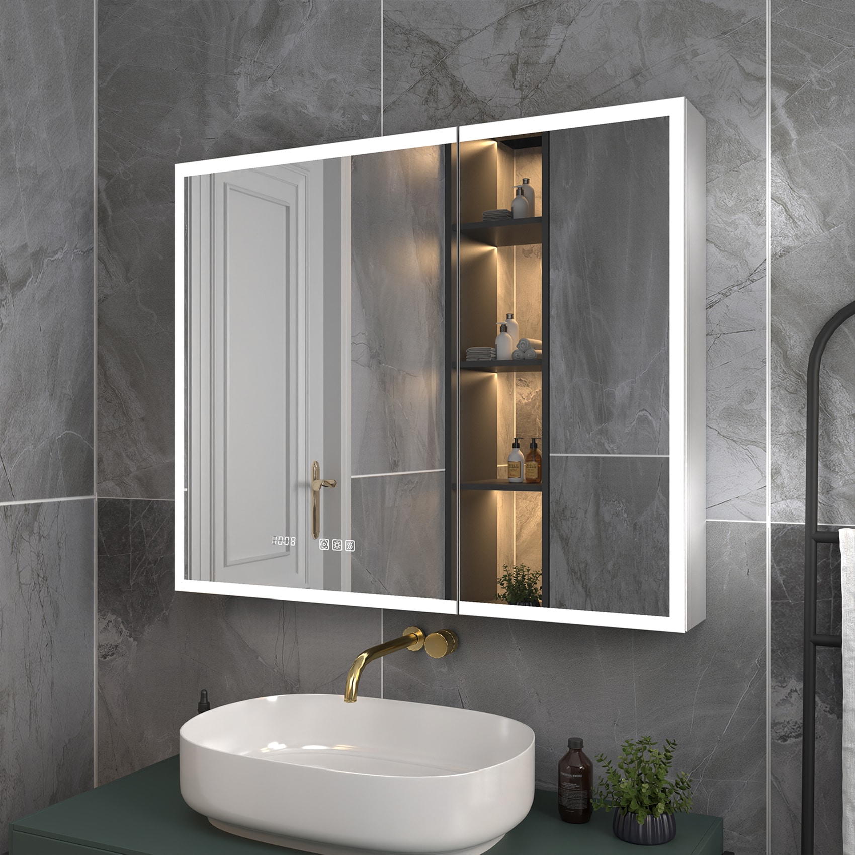 ExBrite EXMC4030V8DX Glare 36-in x 30-in Lighted LED Fog Free Surface/Recessed Mount Moonlit Silver Mirrored Rectangle Soft Close Medicine Cabinet with Outlet