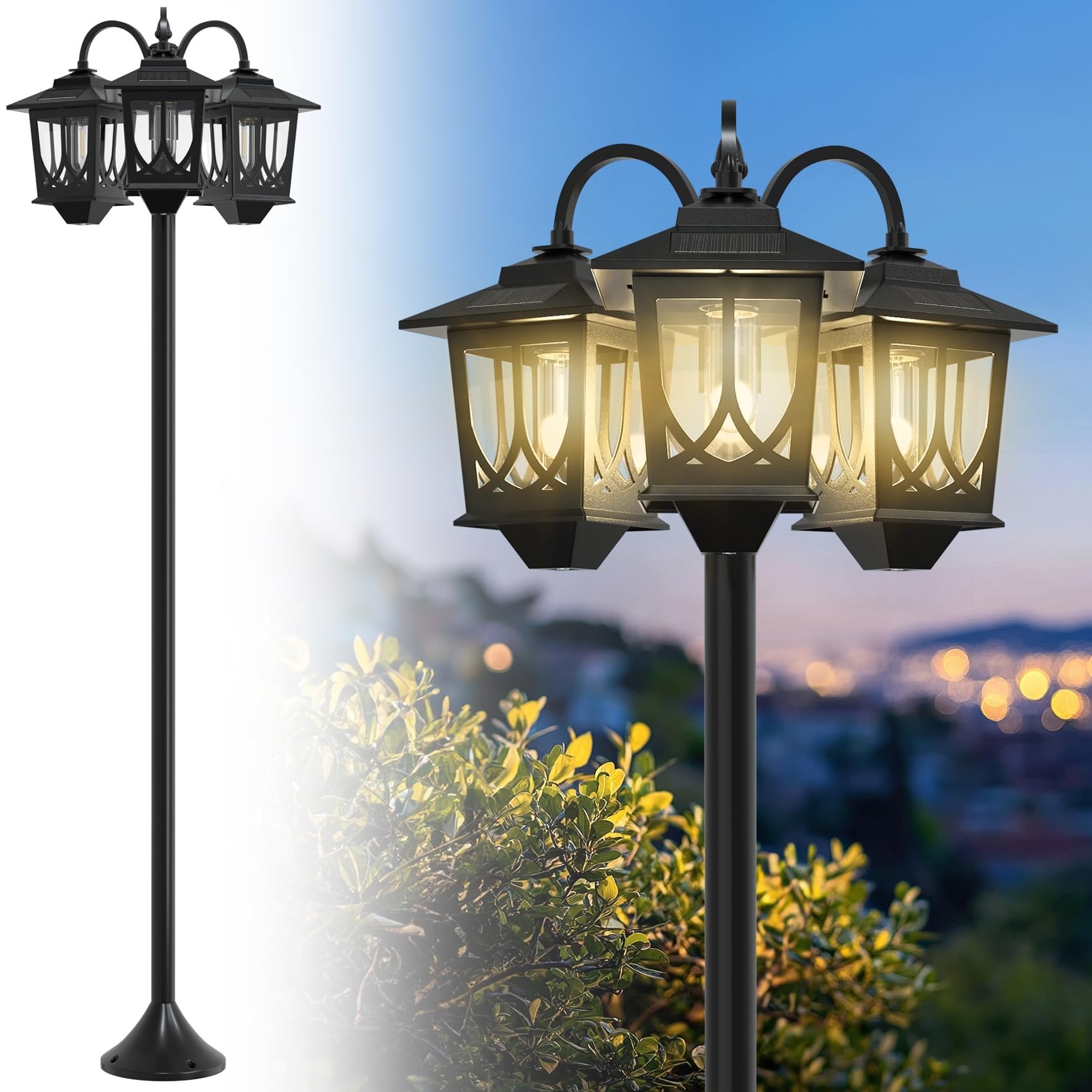 AOIZGMY  73 Inch Aluminum Solar Lamp Post Light 3 Head Outdoor Waterproof Warm White Replaceable Bulb for Patio Porch Yard Garden Decor