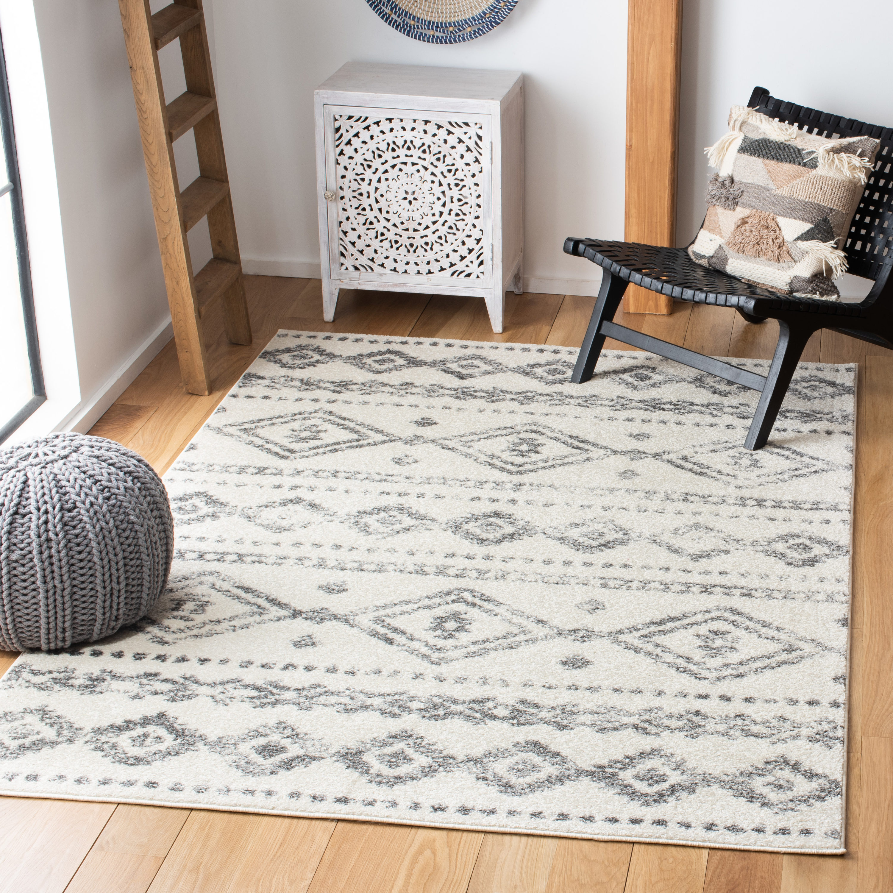 Ivory and Gray Square Hand-Knotted Synthetic Area Rug