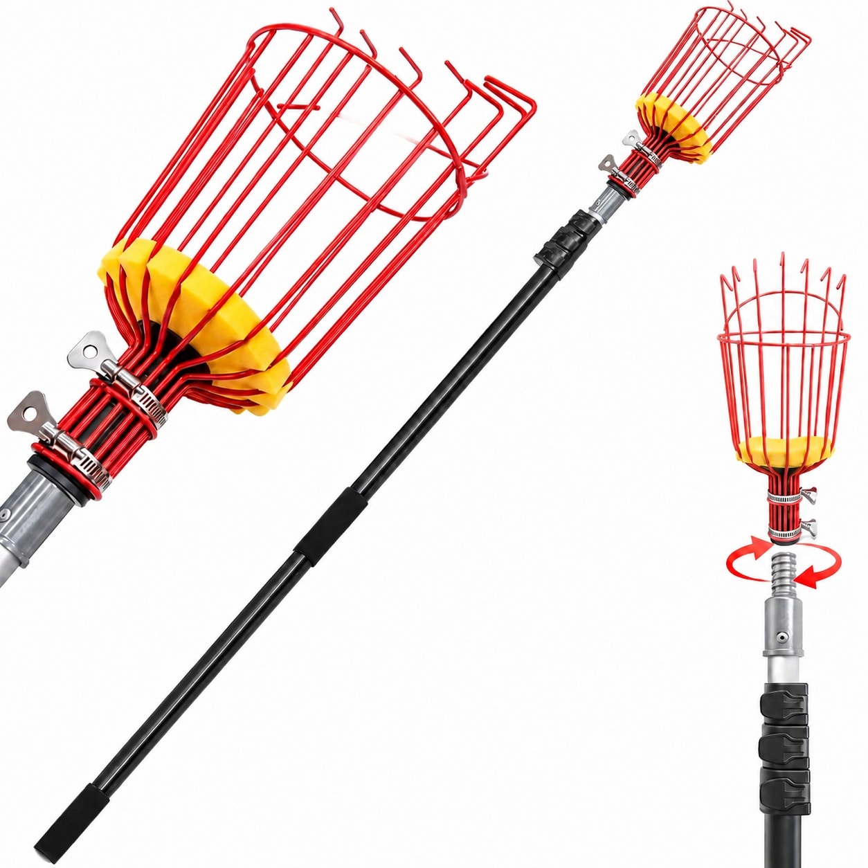 Etokfoks  13 in Tree Pruner Telescoping Fruit Picker with 4 12FT Adjustable Aluminum Pole and Basket Tool for Apples Mangoes