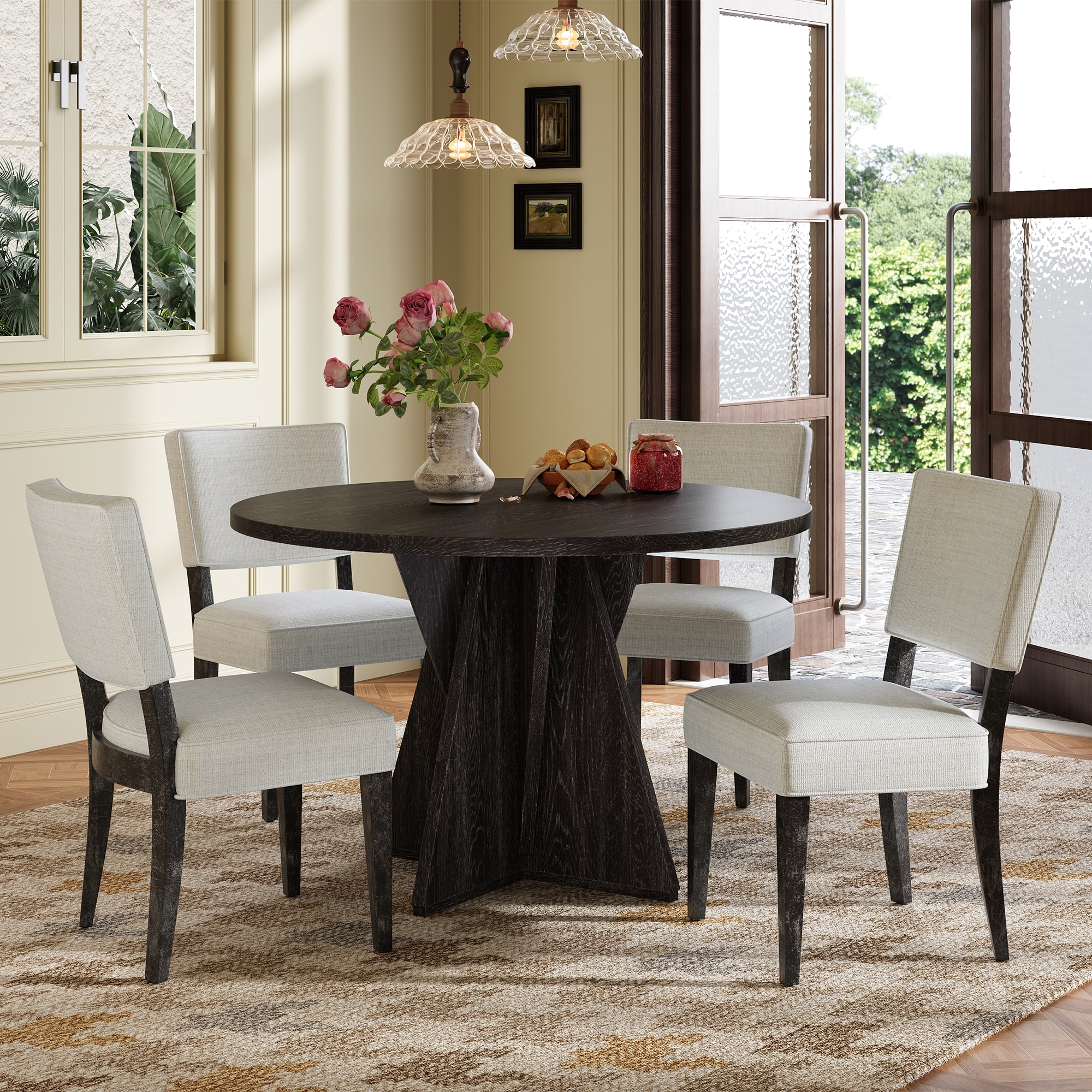ModernLuxe ST000138AAP 5Piece Round Dining Table Set for 4 Retro Kitchen Table and Chairs Set of 4 with Designed Base Wood Dining Table with 4 Upholstered Chairs for Small Space and Dining Room Espresso