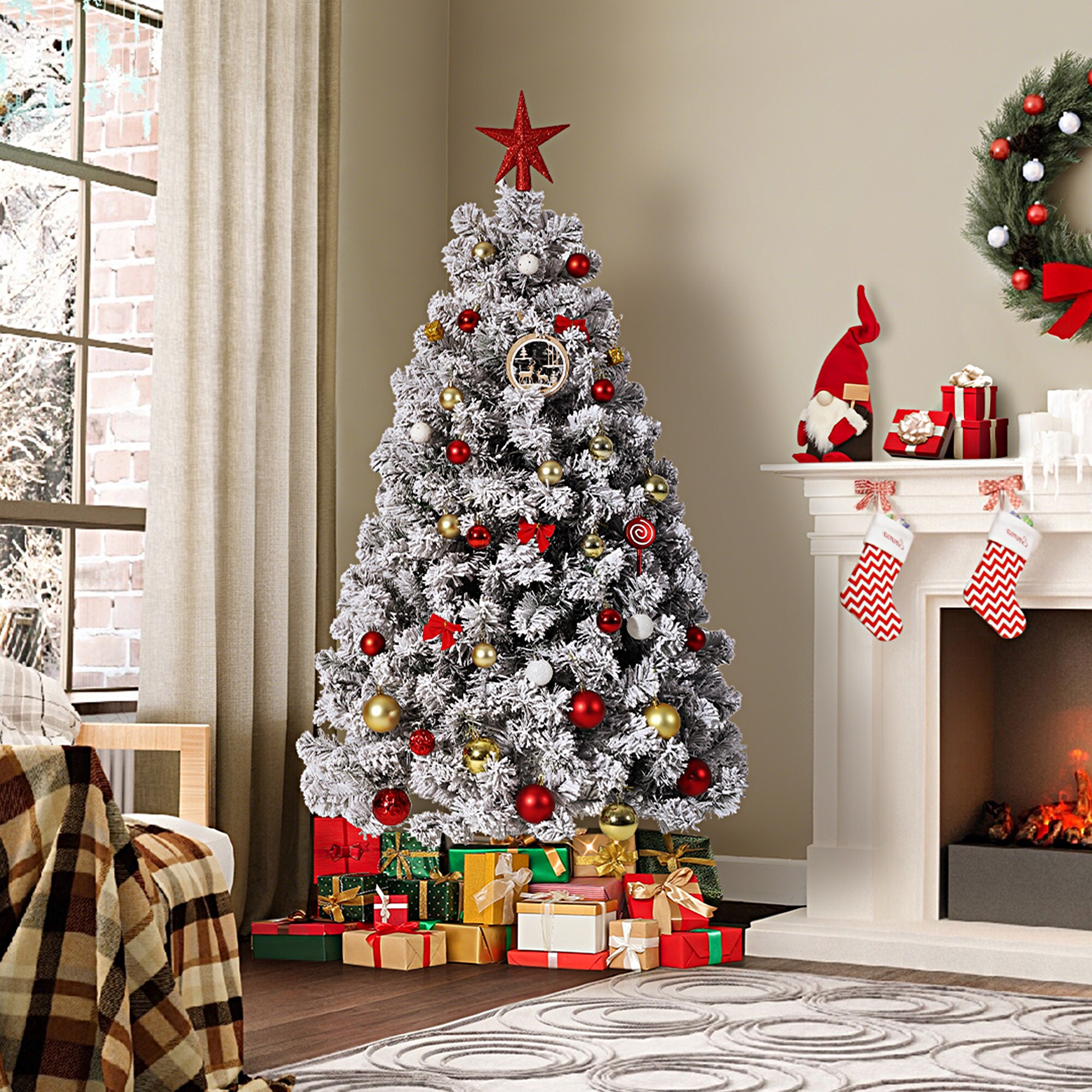 DEXSO 6 Ft Pre Lit Snow Flocked Artificial Christmas Tree 250 Warm ...