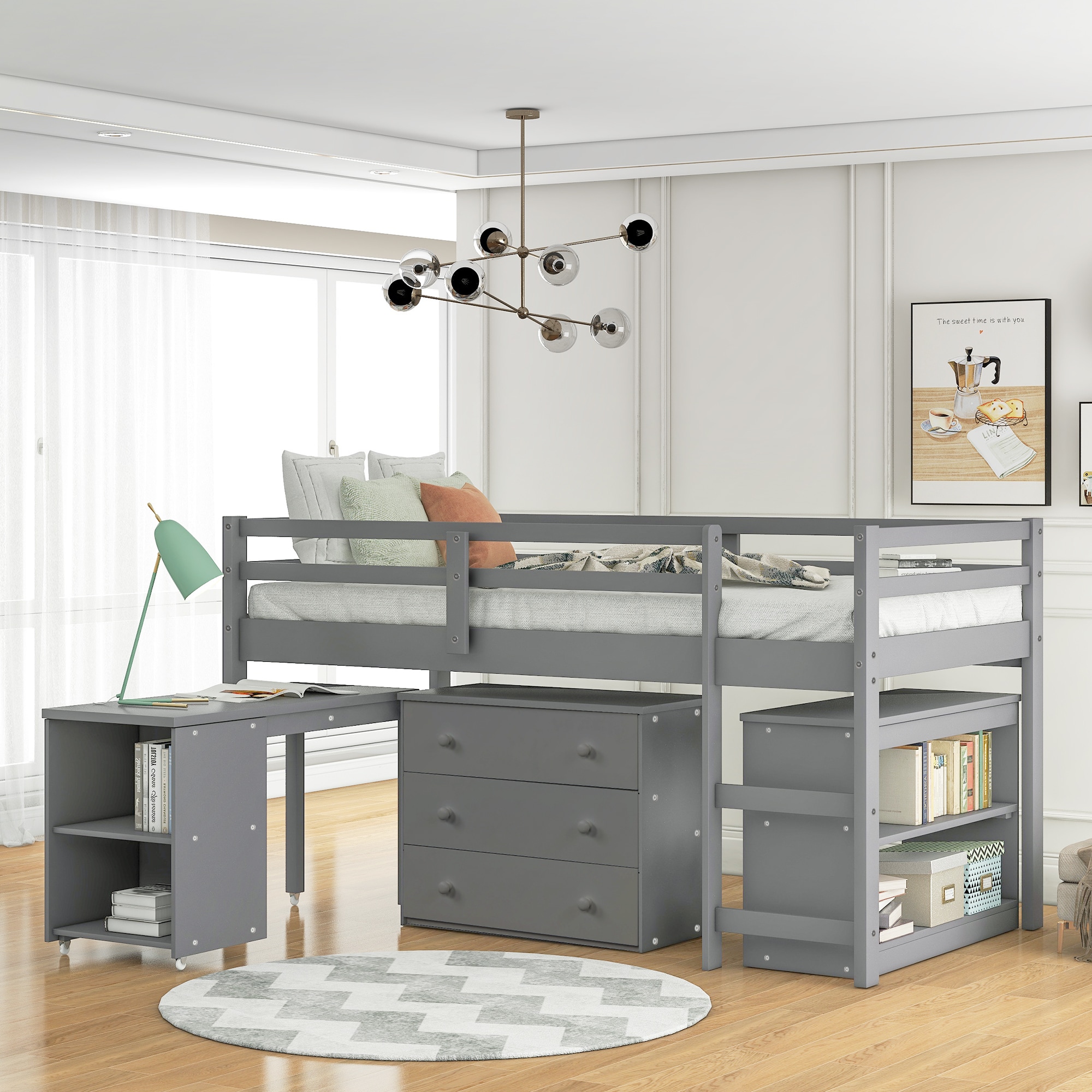 ModernLuxe L3P-LT000113AAE Low Study Twin Loft Bed with Cabinet and Rolling Portable Desk  Gray